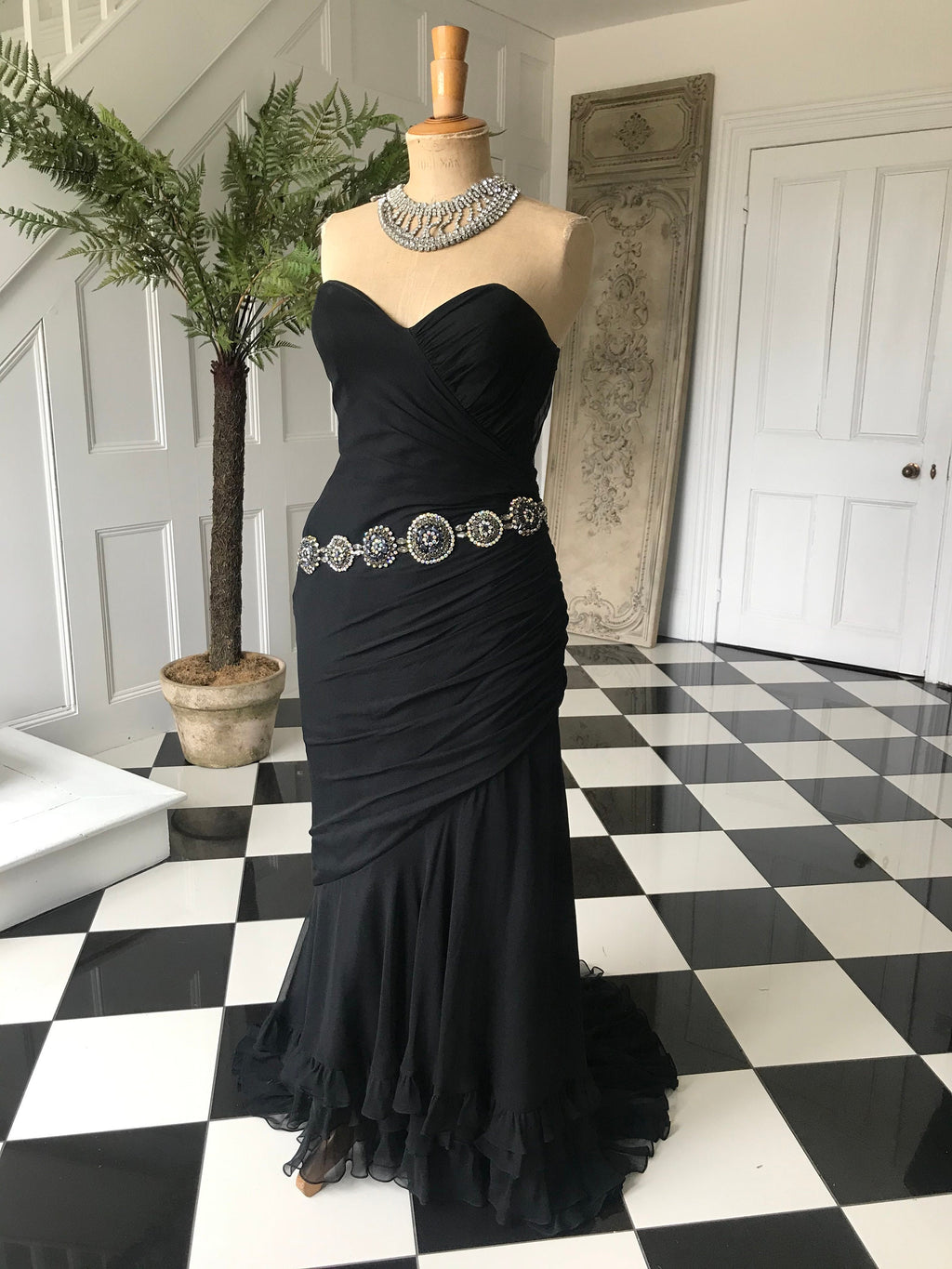 Vintage 1980s long black silk crepe mermaid style  party dress with embellishment and ruffles