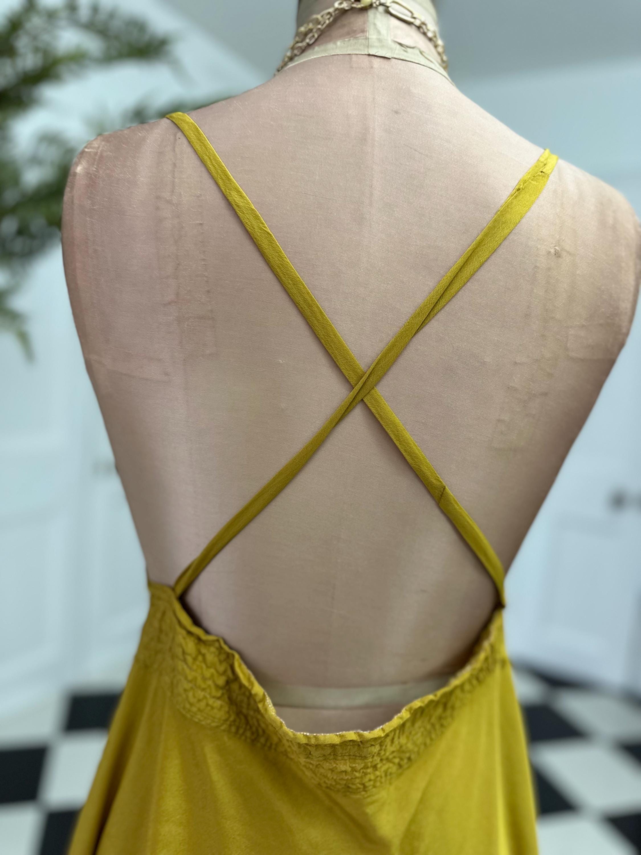 Vintage Mustard Cross Back Silky Mini Slip Dress