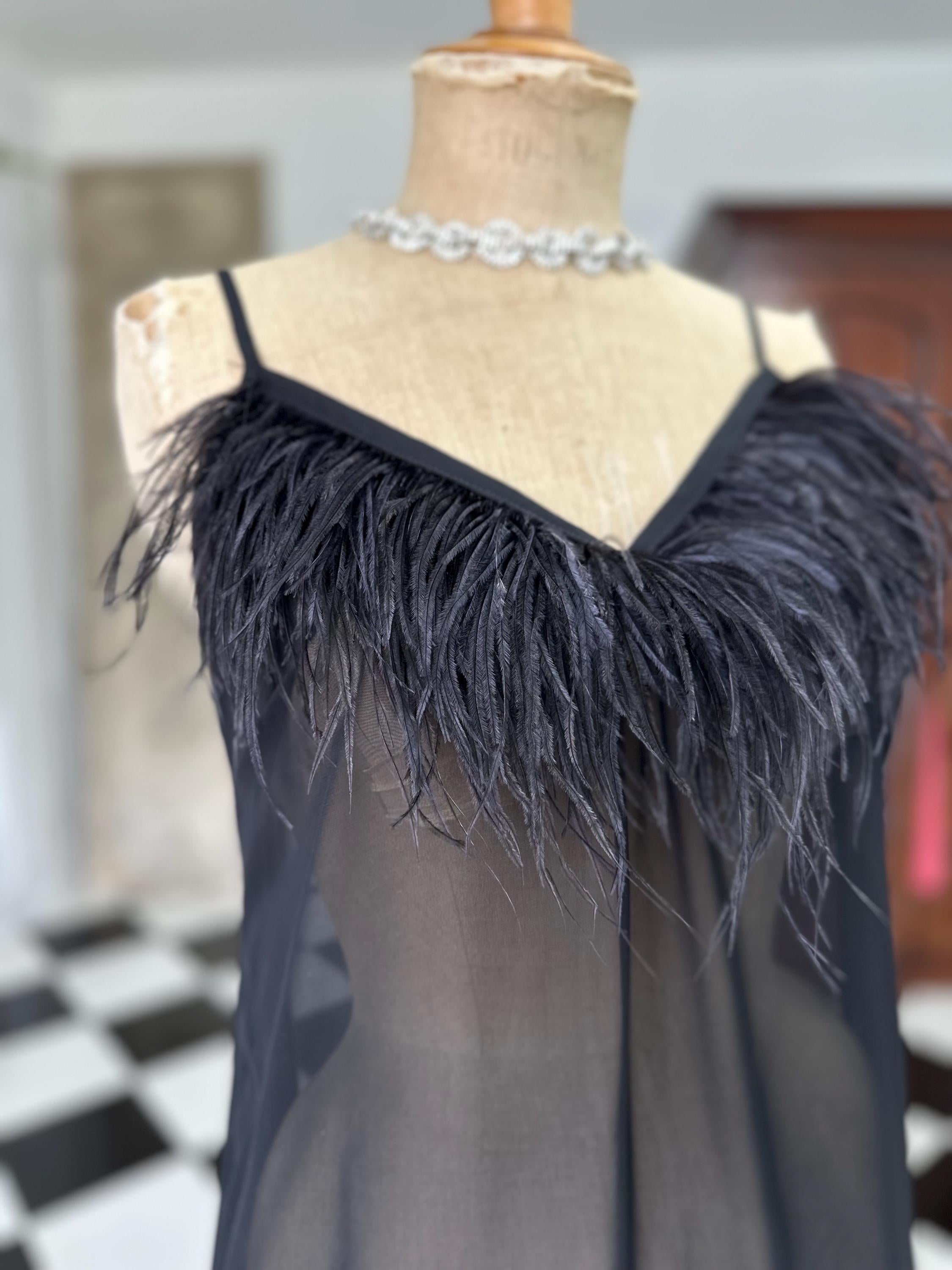 Vintage inspired black sheet chiffon high low slip dress with ostrich feather