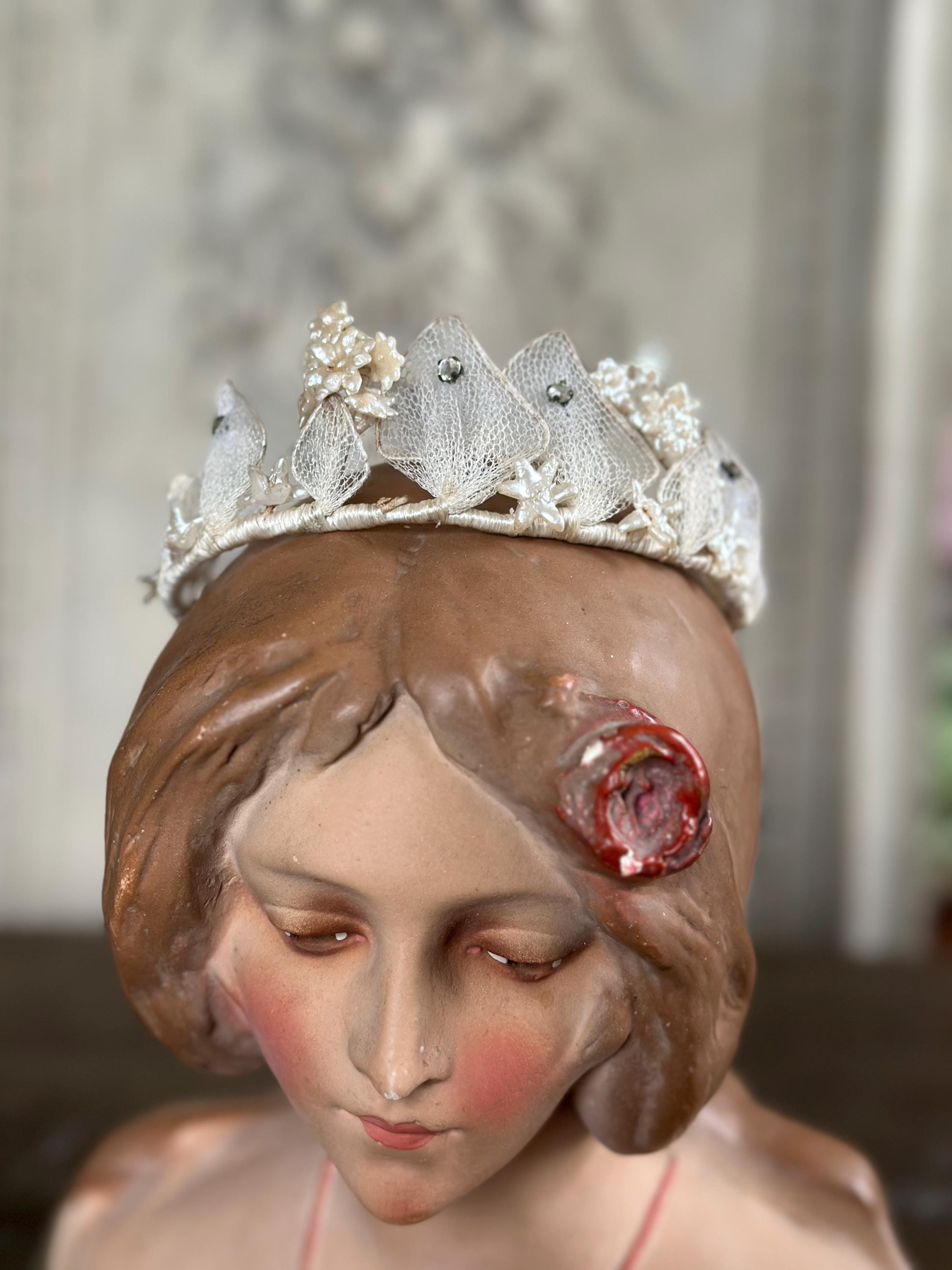 Antique 1940s  Floral Wax Tiara with tulle