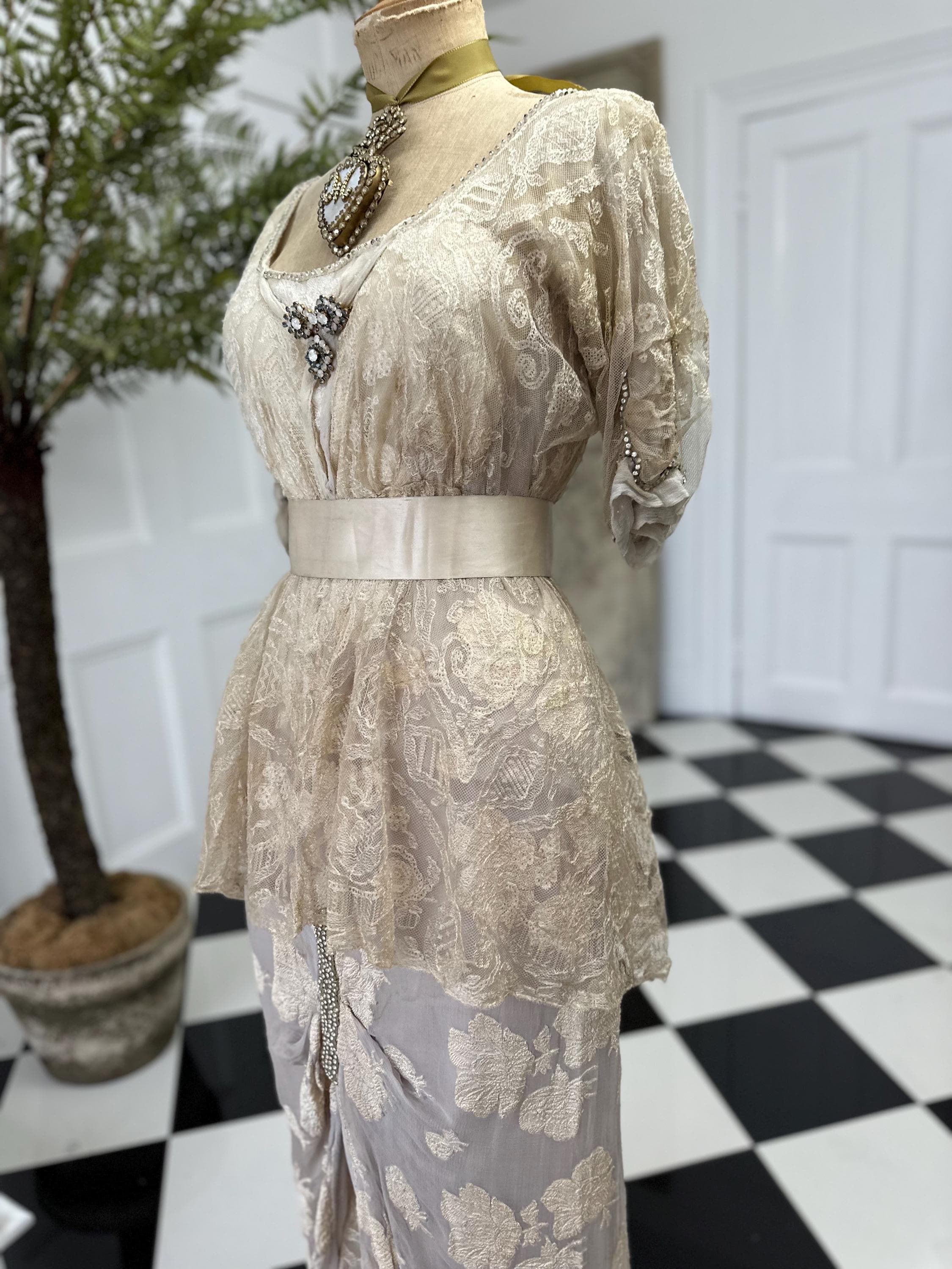 Edwardian Lace & Silk Dress: Titanic Style Rhinestone Trim, UK 8/10