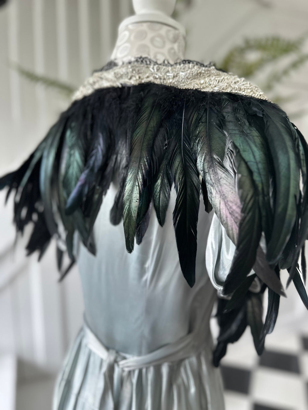 1920s 1930s vintage style feather cape with embellished and dark green cape shawl