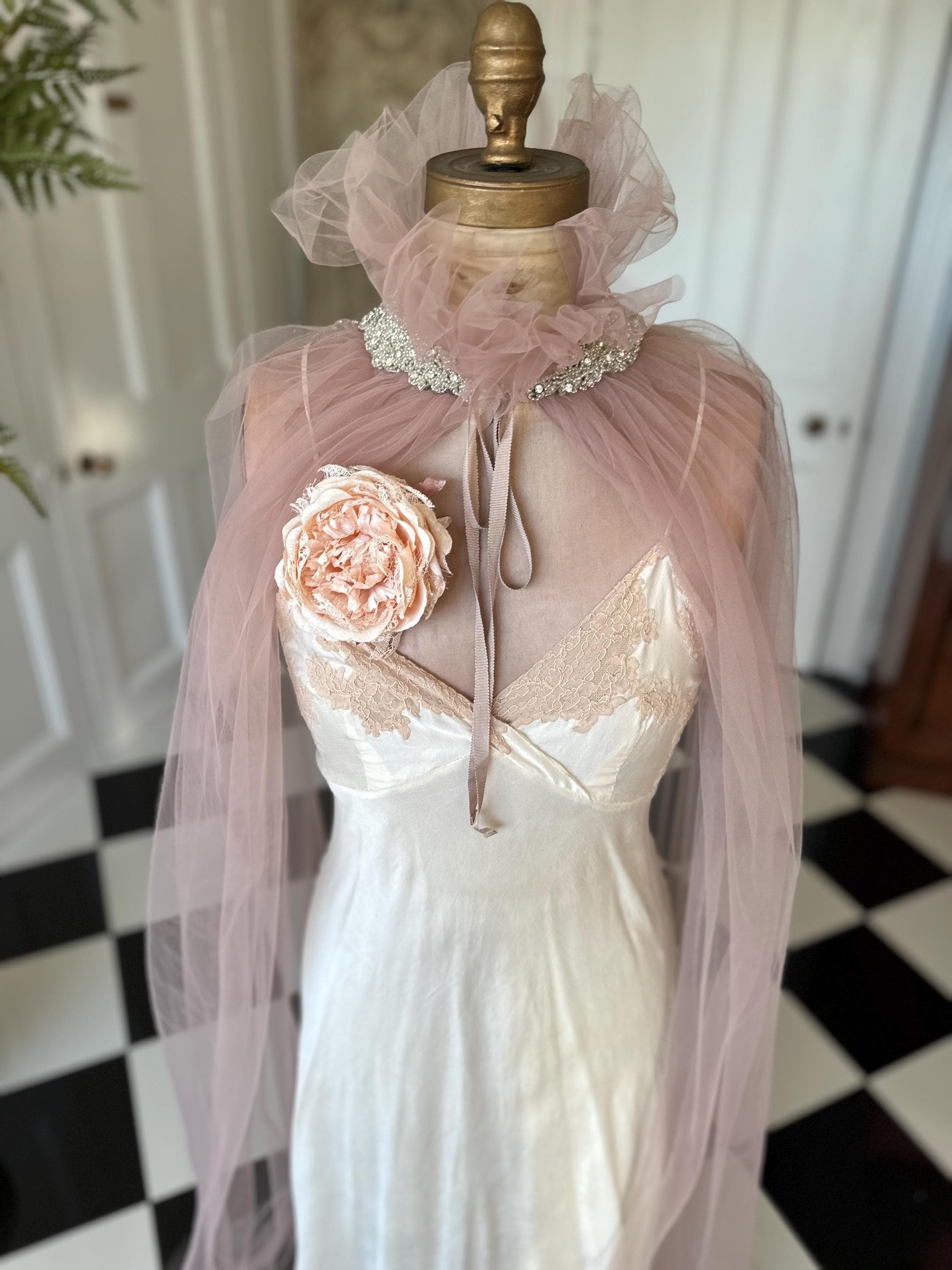 Handmade Vintage embellished soft Tulle Cape in old rose pink