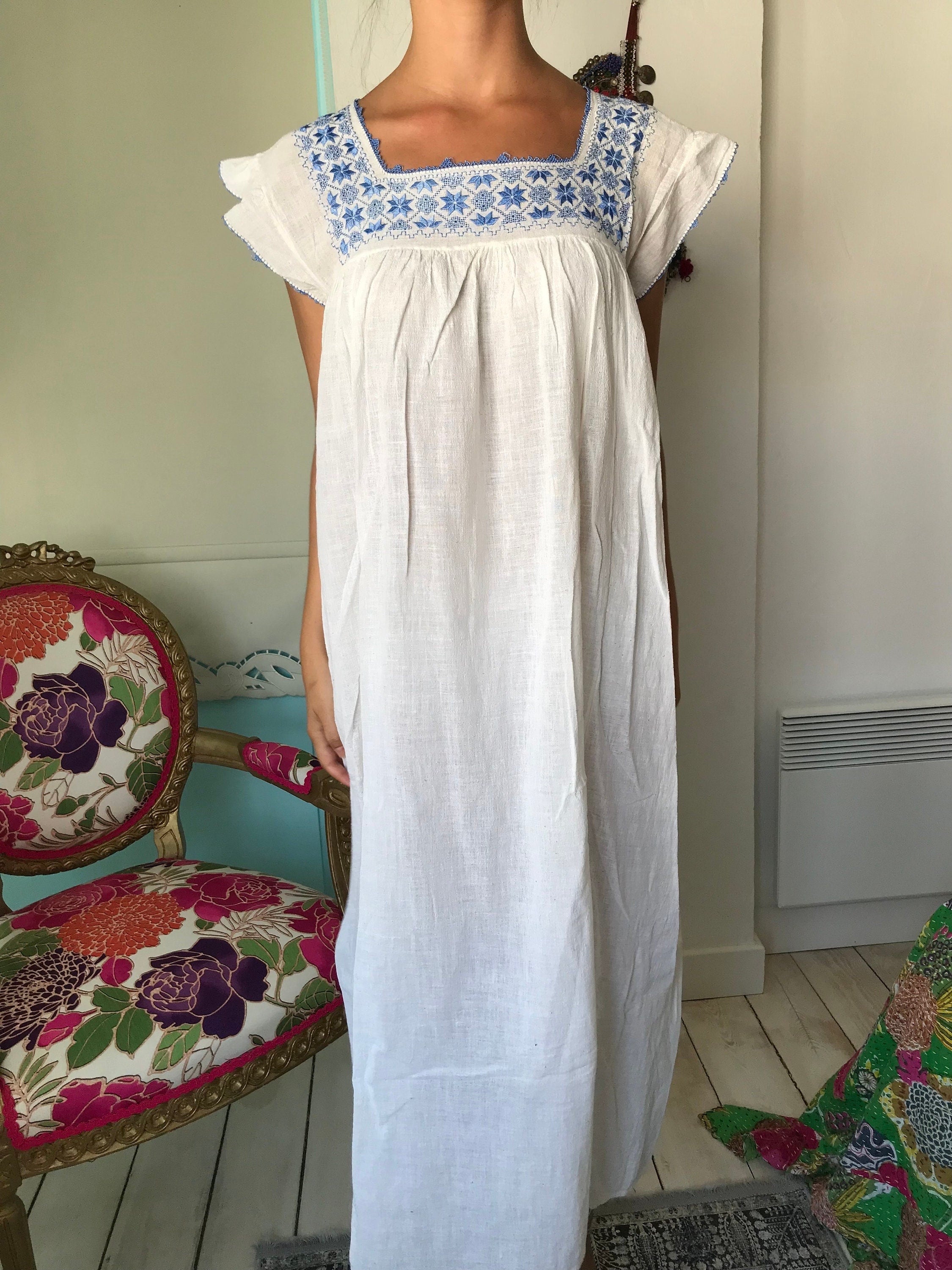 1970s hand loomed muslin dress with hand embroidered smock style