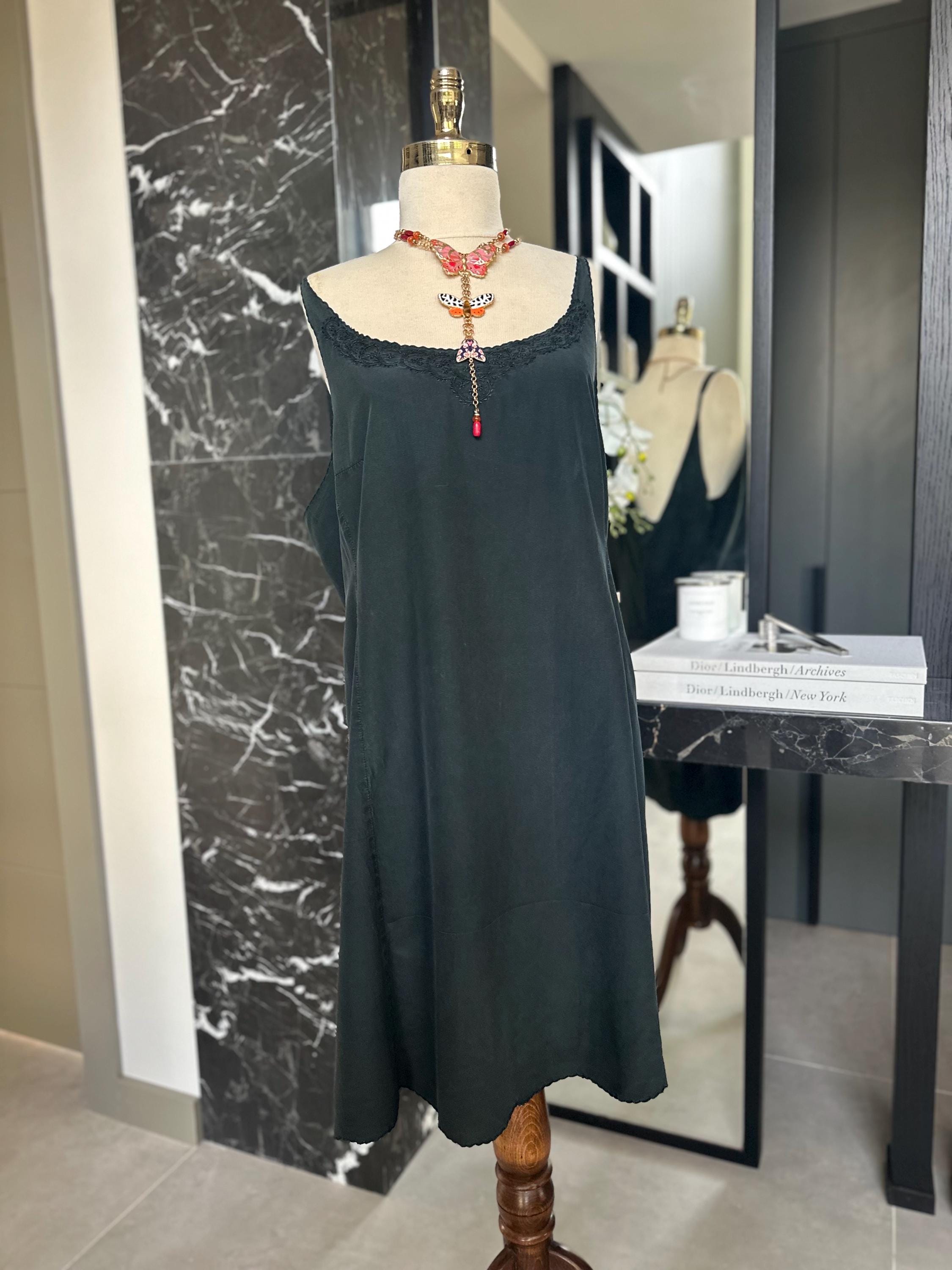 1940s Washed Black Silk Slip – Extra Large Archive Piece, Midi Silhouette