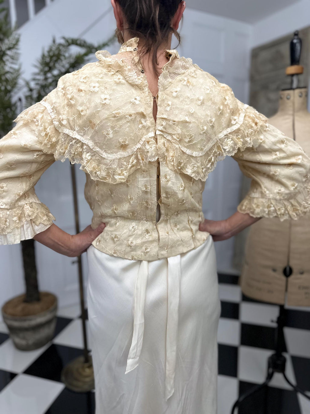 Romantic Lace Bridal Bodice Silk Embroidery with Floral Corsage and Silk Ribbon Details
