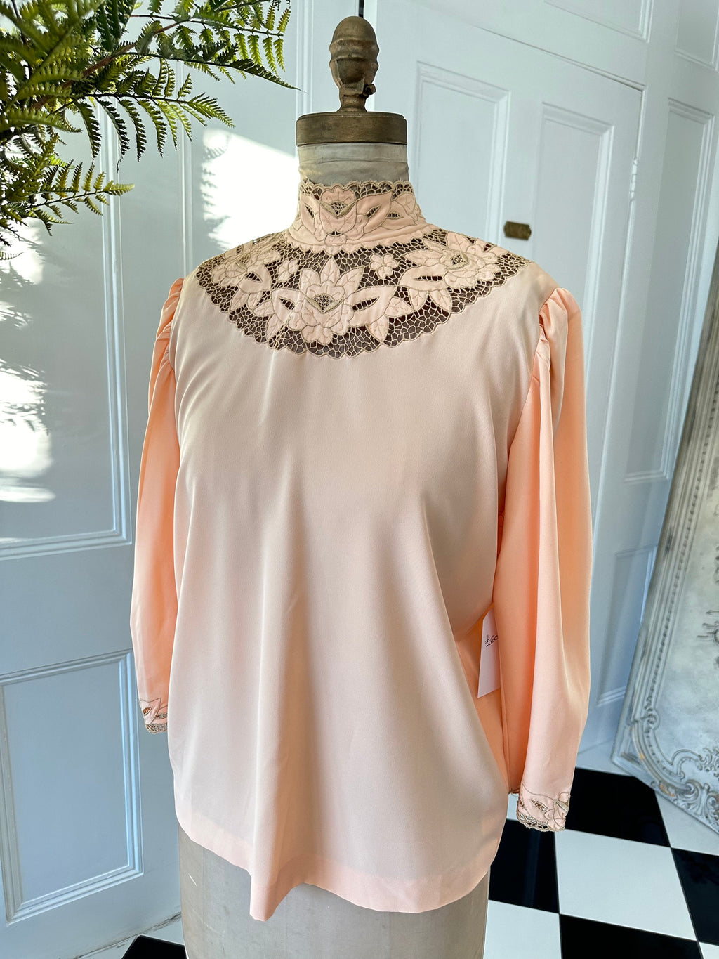 Vintage peach cut out lace high neck blouse