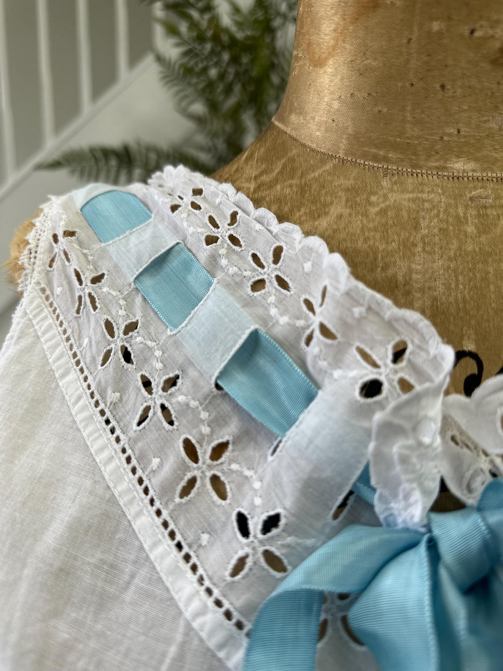Elegant Edwardian Victorian Corset Cover with blue ribbon