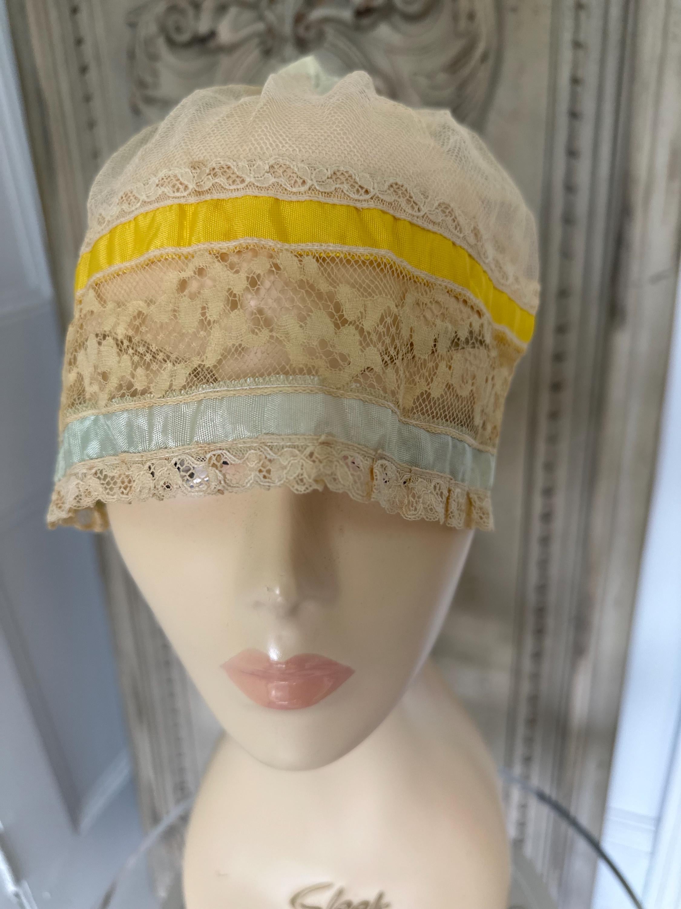 1920s tulle and silk ribbon boudoir bonnet hat