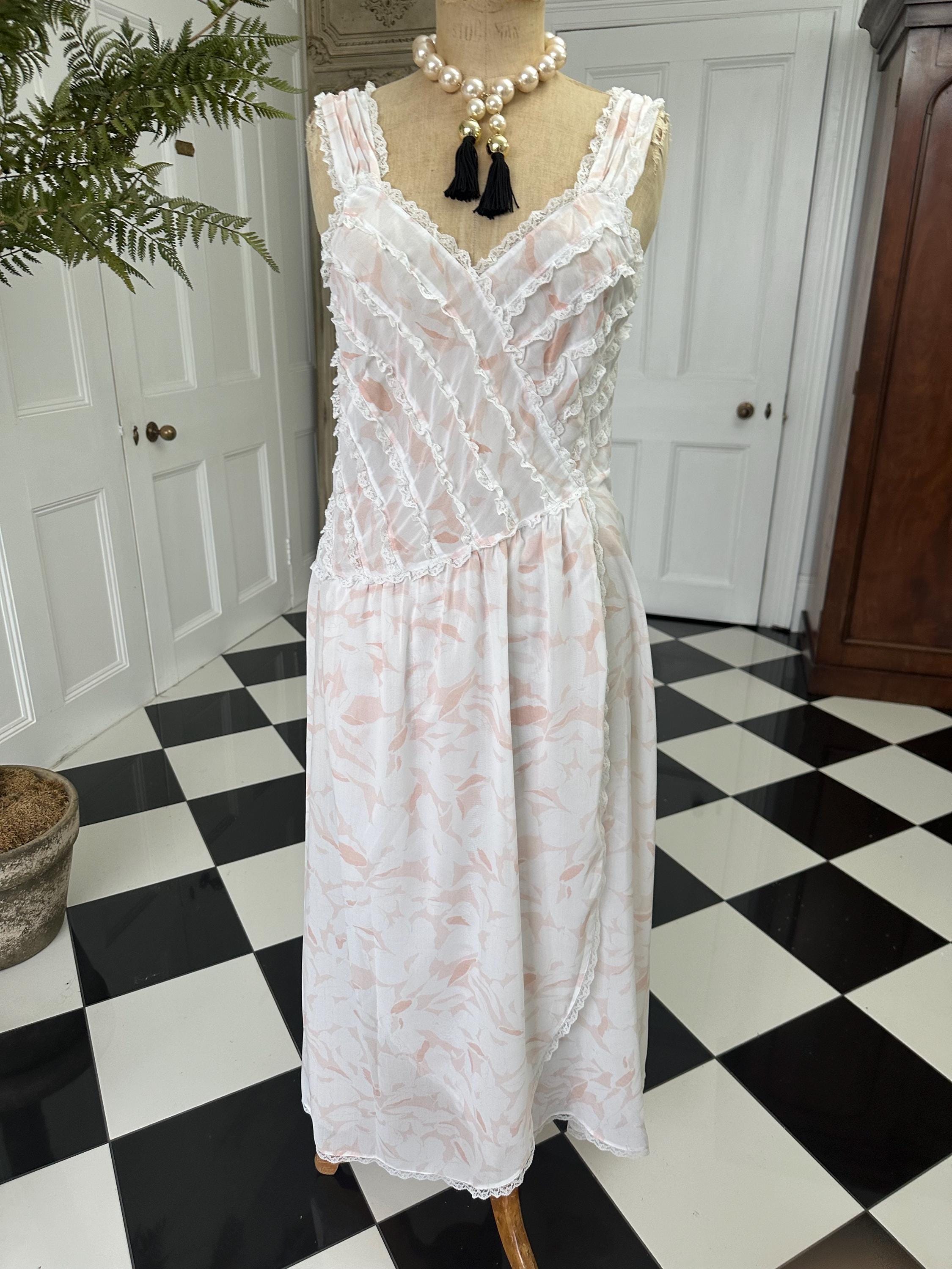 Vintage Chiffon Lightweight Slip Dress with Lace Ruffle Front – White and Peach Details