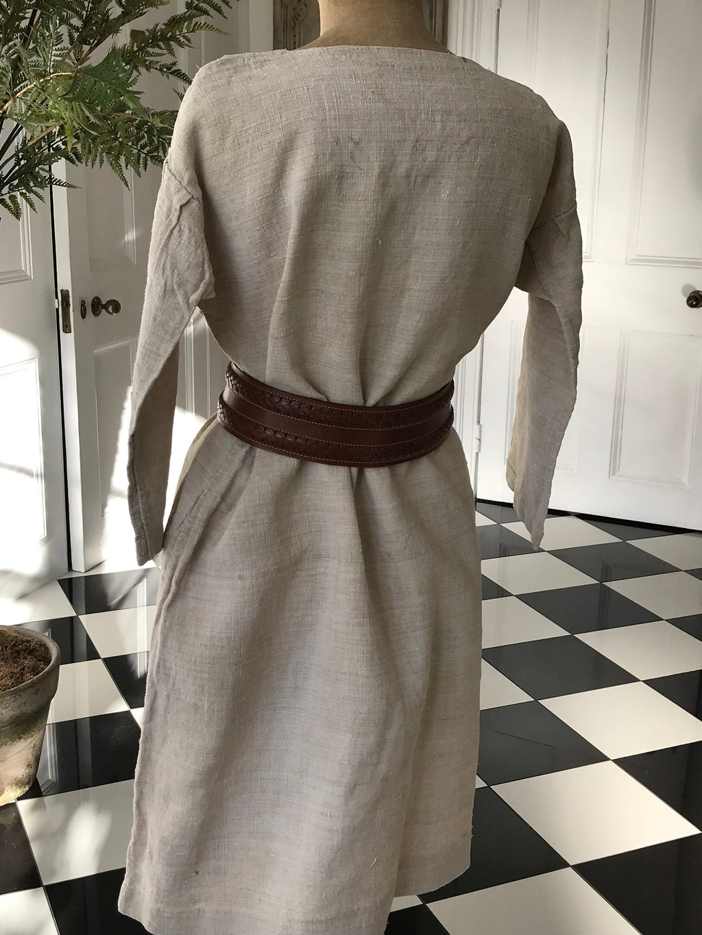 French 1800s Rustic farmers shirt dress hemp linen with monogram MV 49