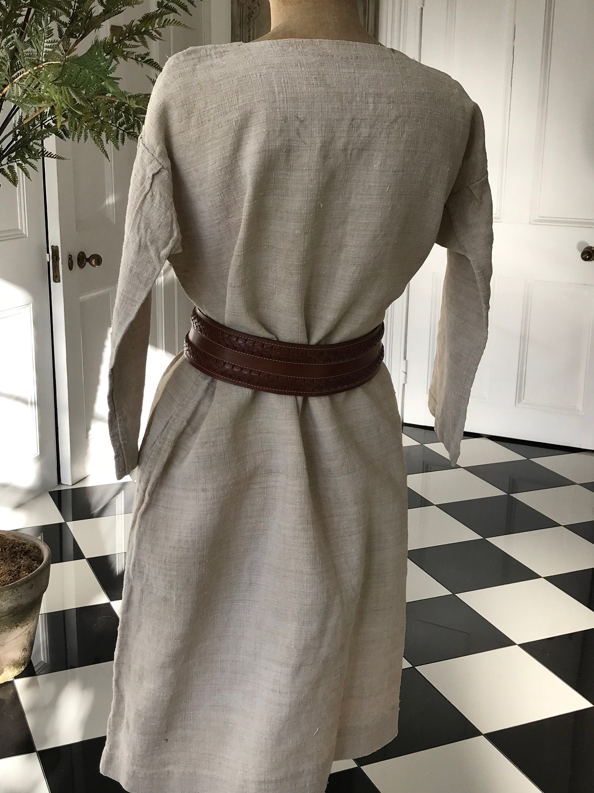 French 1800s Rustic farmers shirt dress hemp linen with monogram MV 49