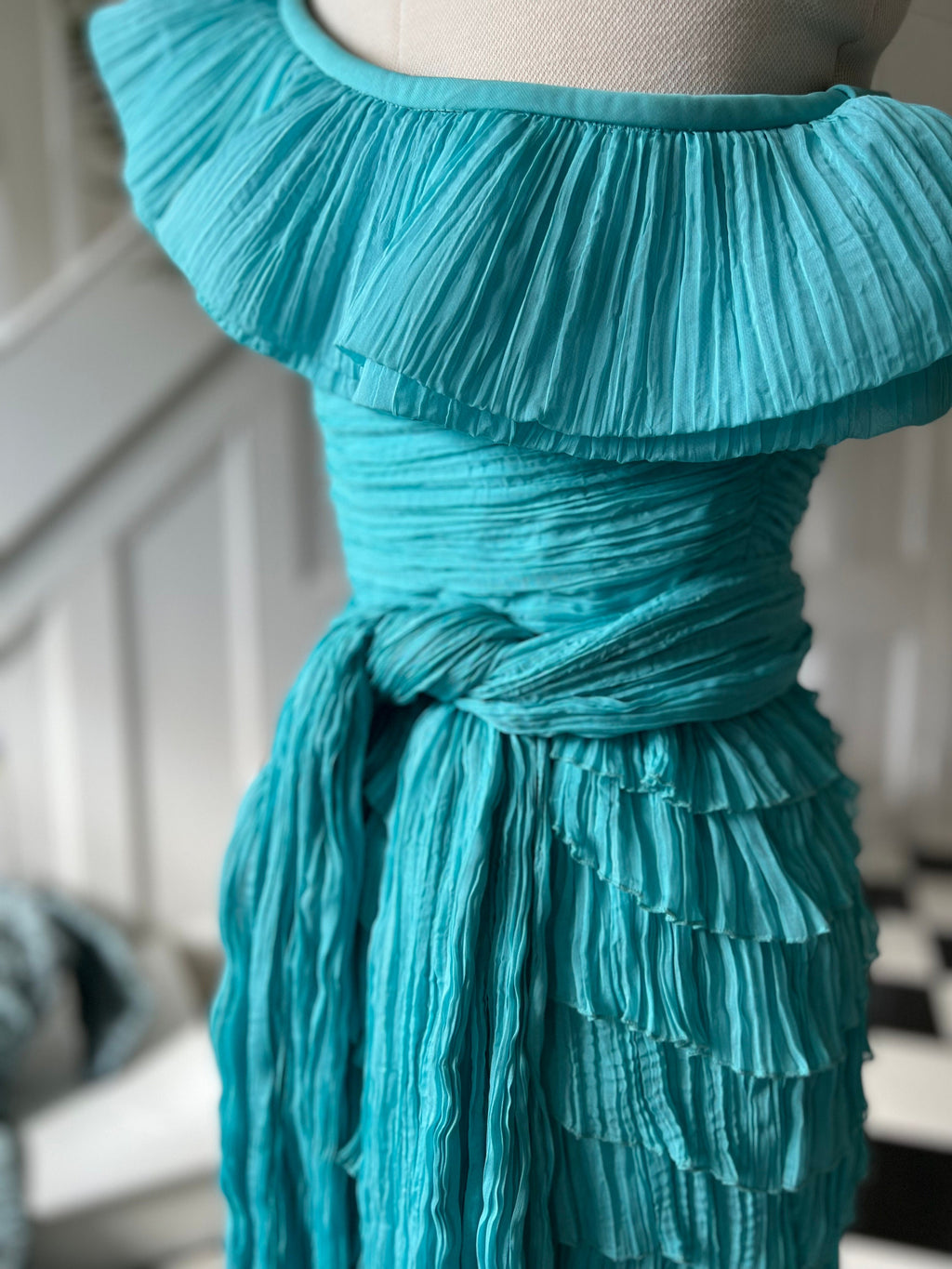 Sexy one sleeve off the shoulder ruched turquoise Cocktail dress by Pronovias