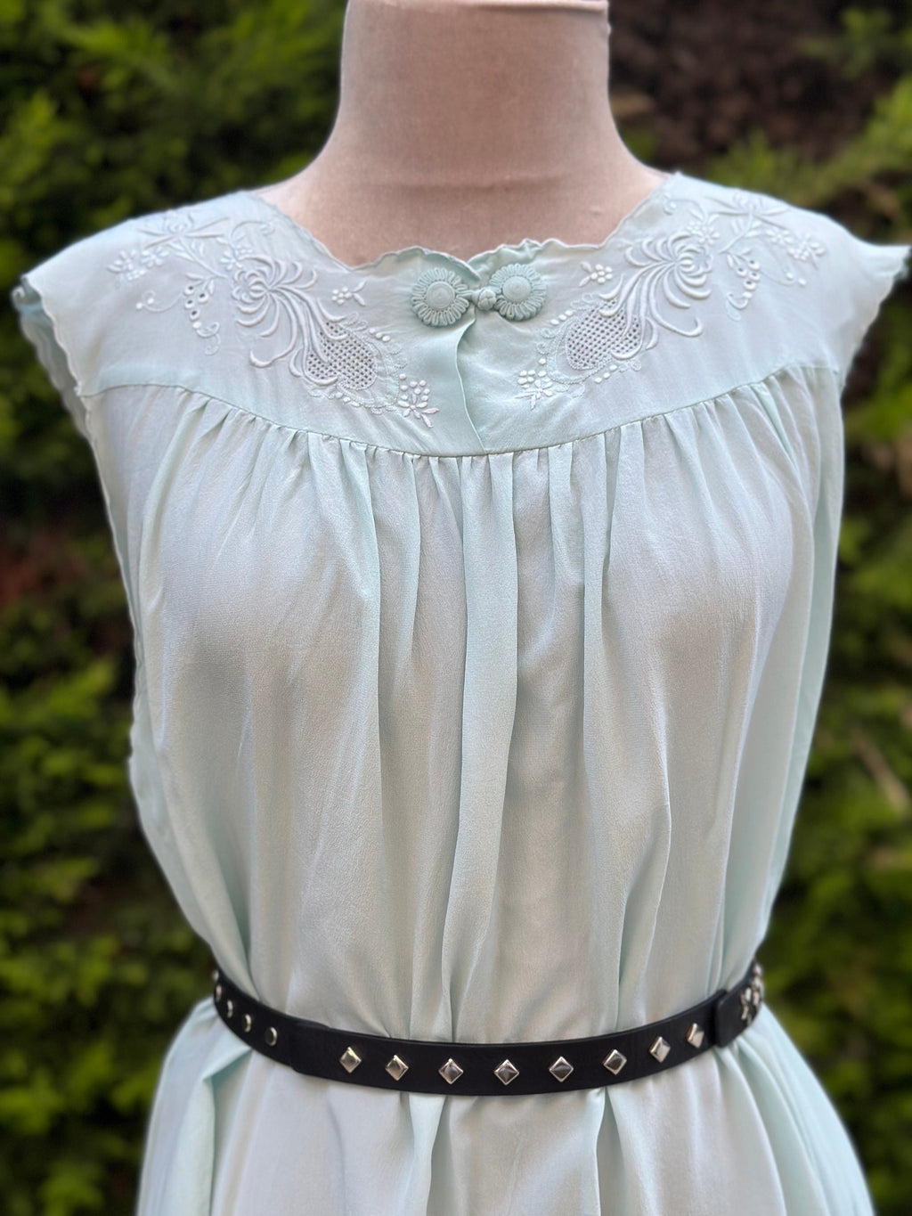 Vintage 1950s seafoam green silk smock slip  hand embroidered slip