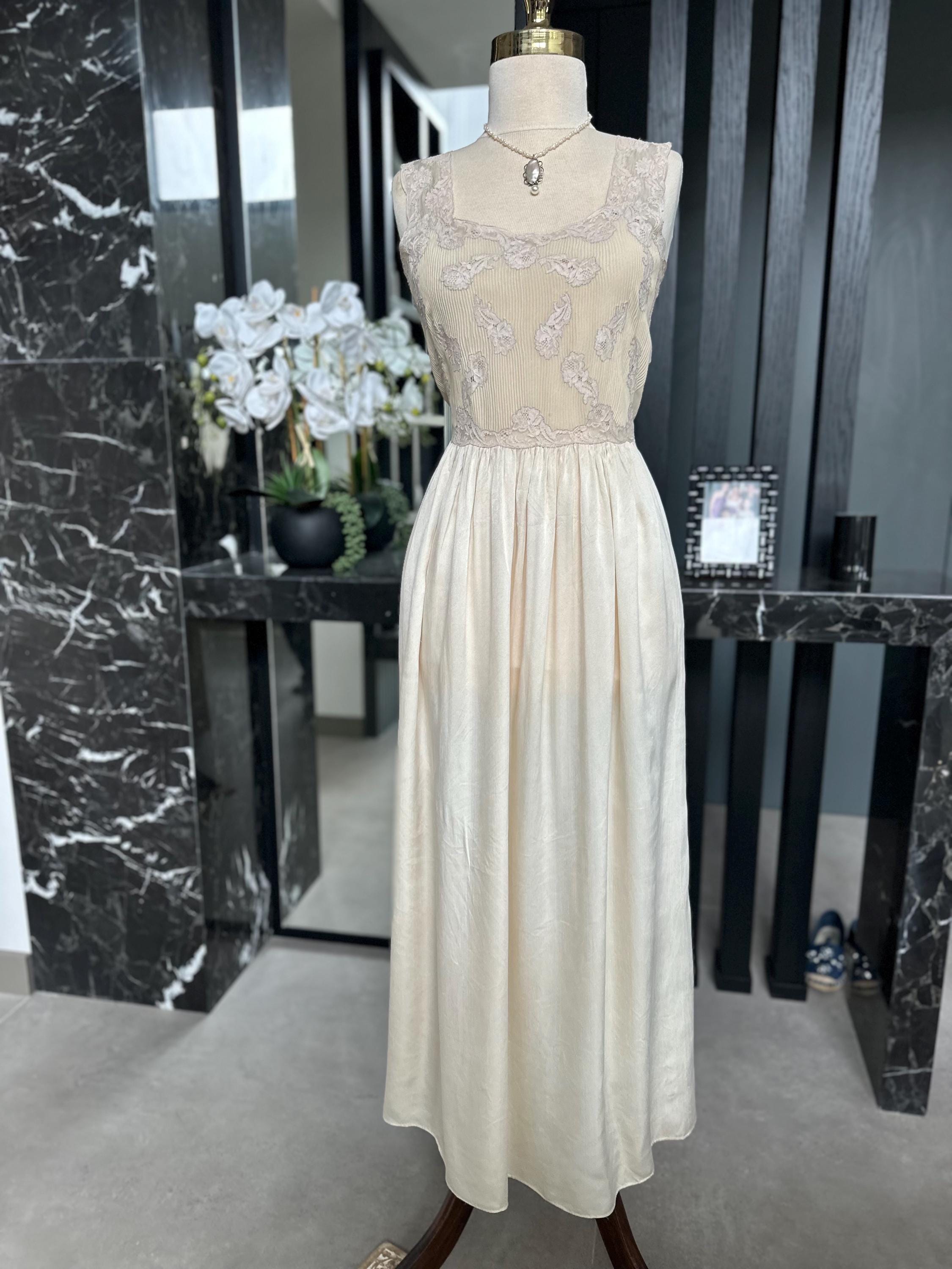 1930s Liquid Silk Maxi Gown: Antique Lace, Embroidery, Old Hollywood Style