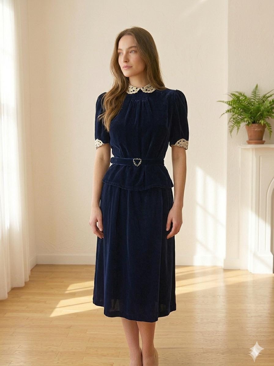 1940s Navy Silk Velvet Dress & Jacket Set – Peplum Waist, Lace Collar, Cocktail Outfit