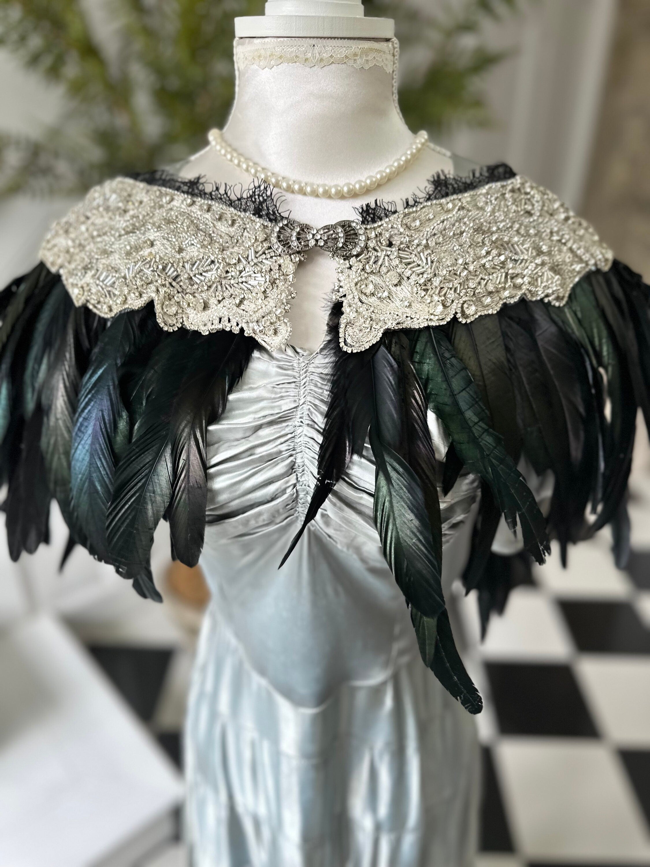 1920s 1930s vintage style feather cape with embellished and dark green cape shawl
