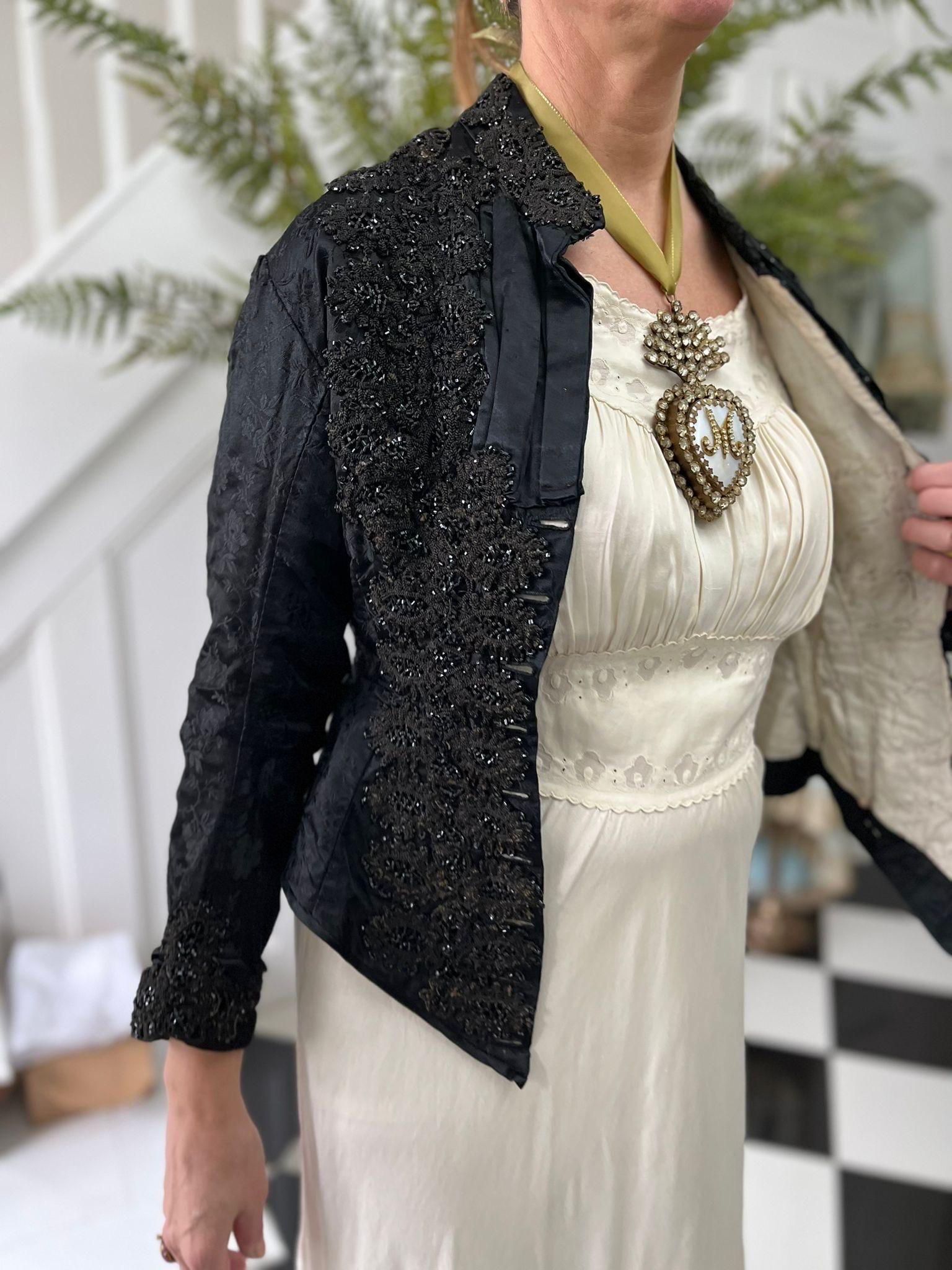 Exquisite Victorian Black Silk Bodice – Heavy Jet Beaded Embellishments long sleeve