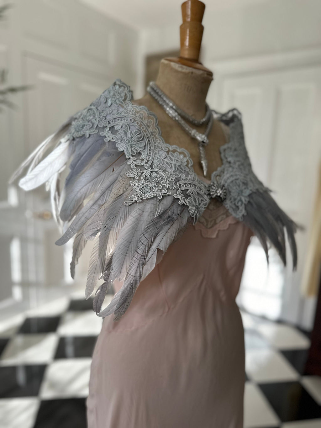 1920s 1930s Vintage style grey feather and lace cape bolero