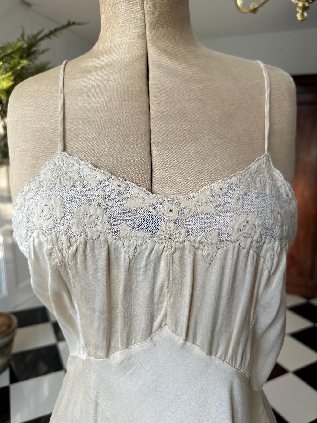 1930 Cream silk slip with embroidery to the front chest