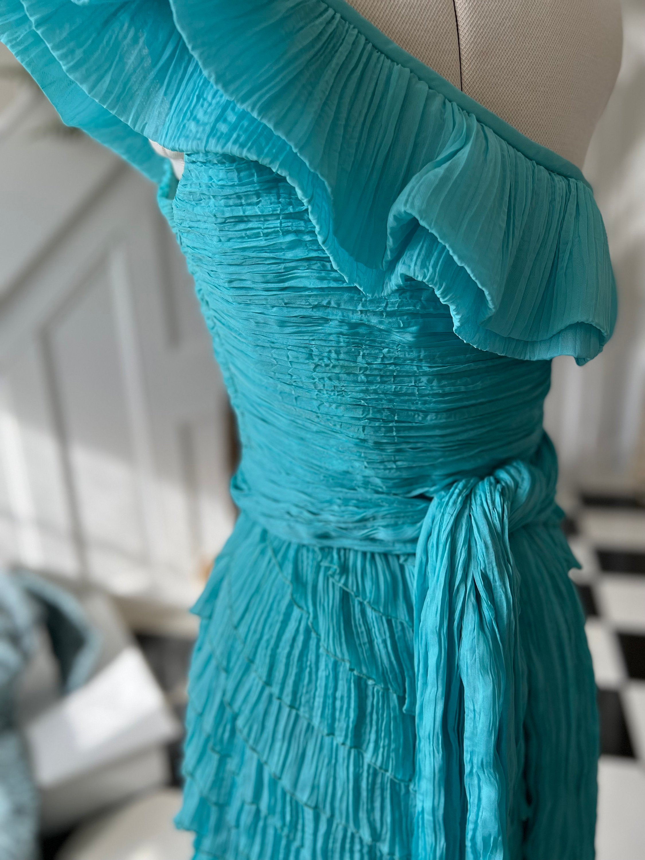 Sexy one sleeve off the shoulder ruched turquoise Cocktail dress by Pronovias
