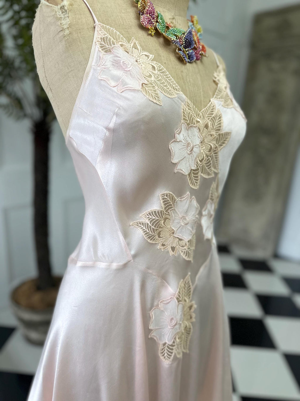 Vintage Pink Mini Silk Slip with Lace - Sexy Front Split with thin Straps