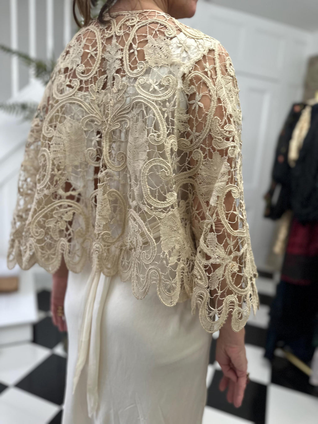 19th Century Cream Bobbin Lace Cape: Sage Green Silk Ribbon, Cotton