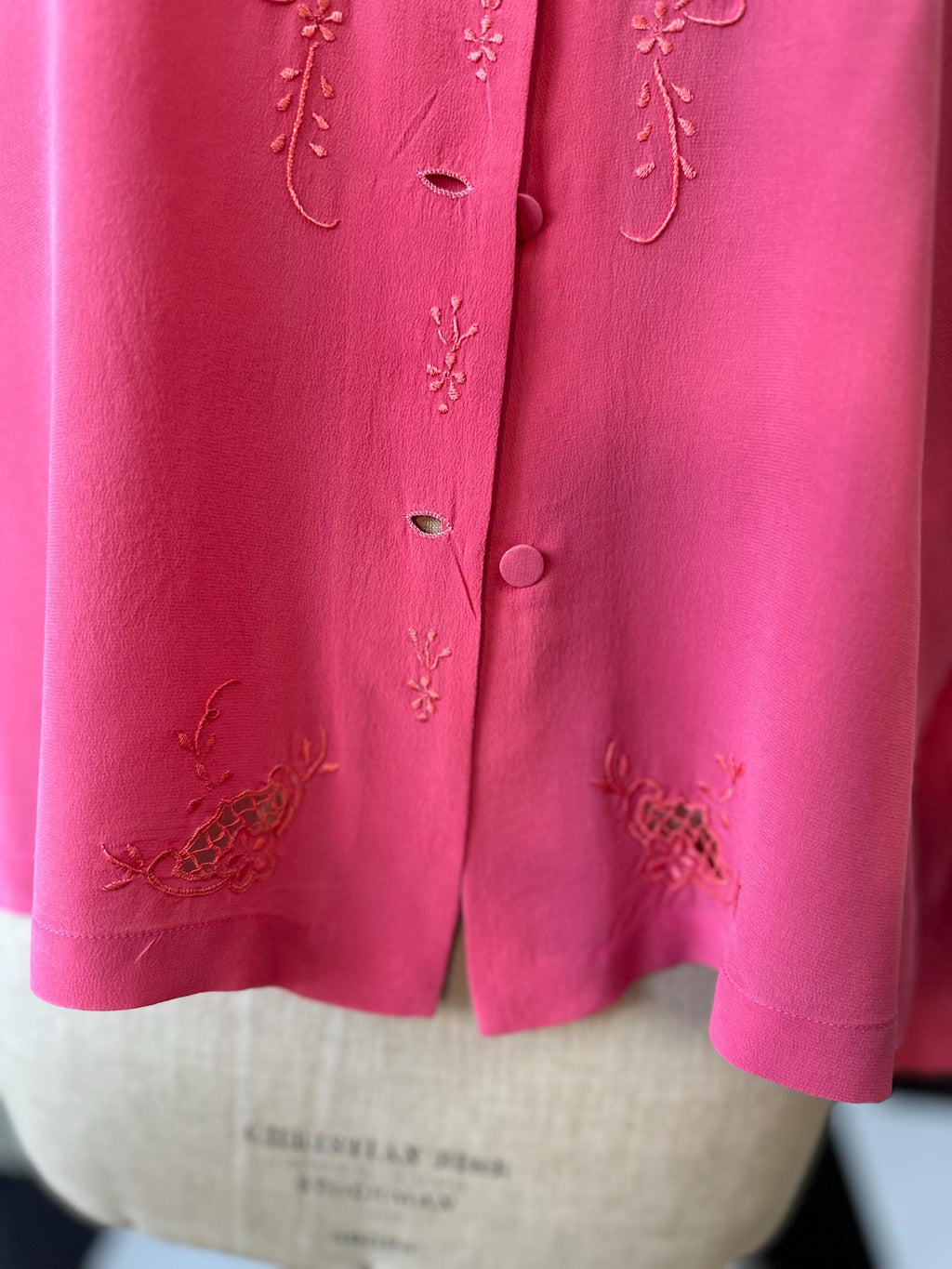 1950s dark pink silk long sleeve blouse with hand embroidery