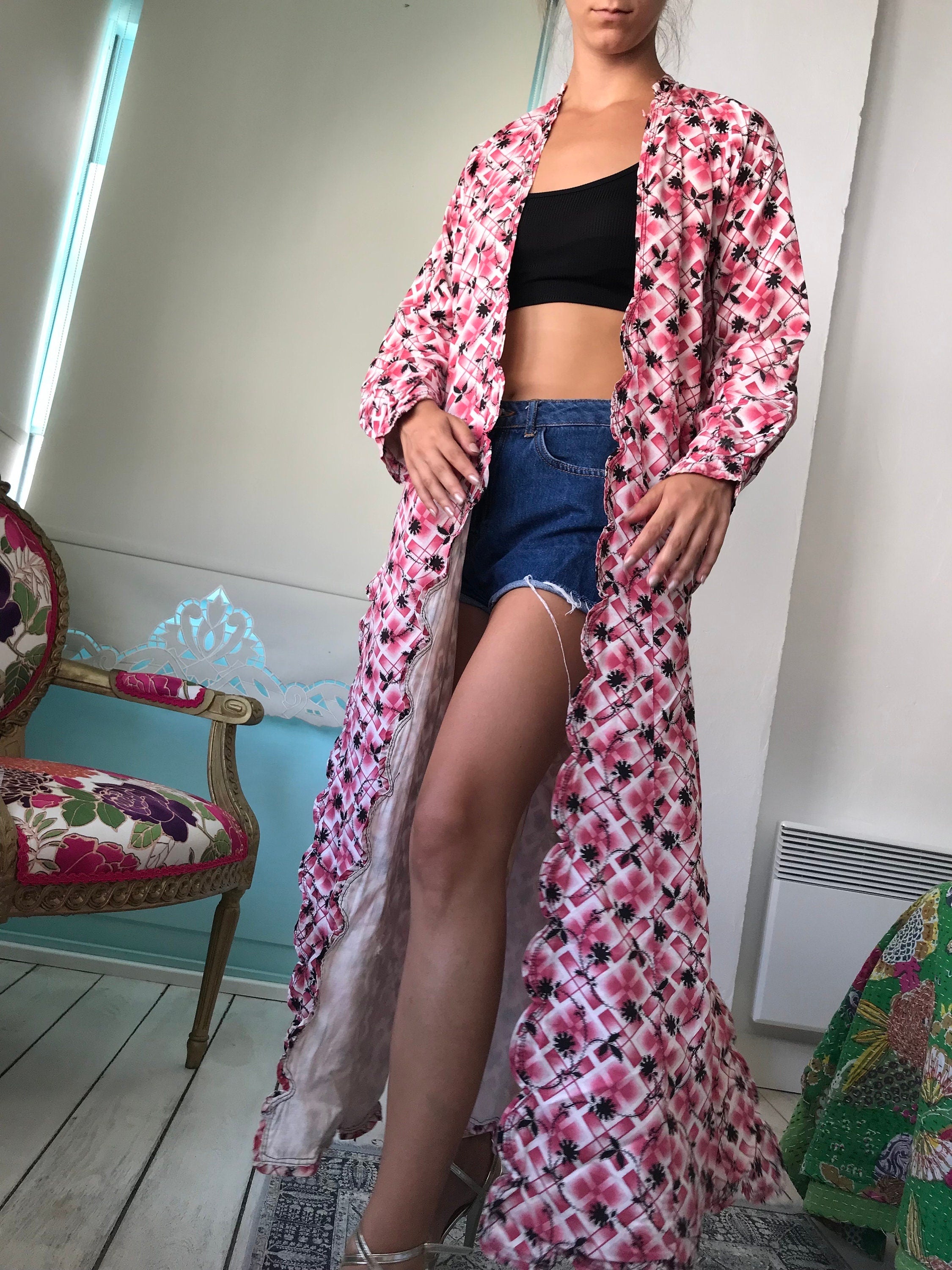 1920s Floral Cotton Kimono Robe: Turkish Style Long Coat