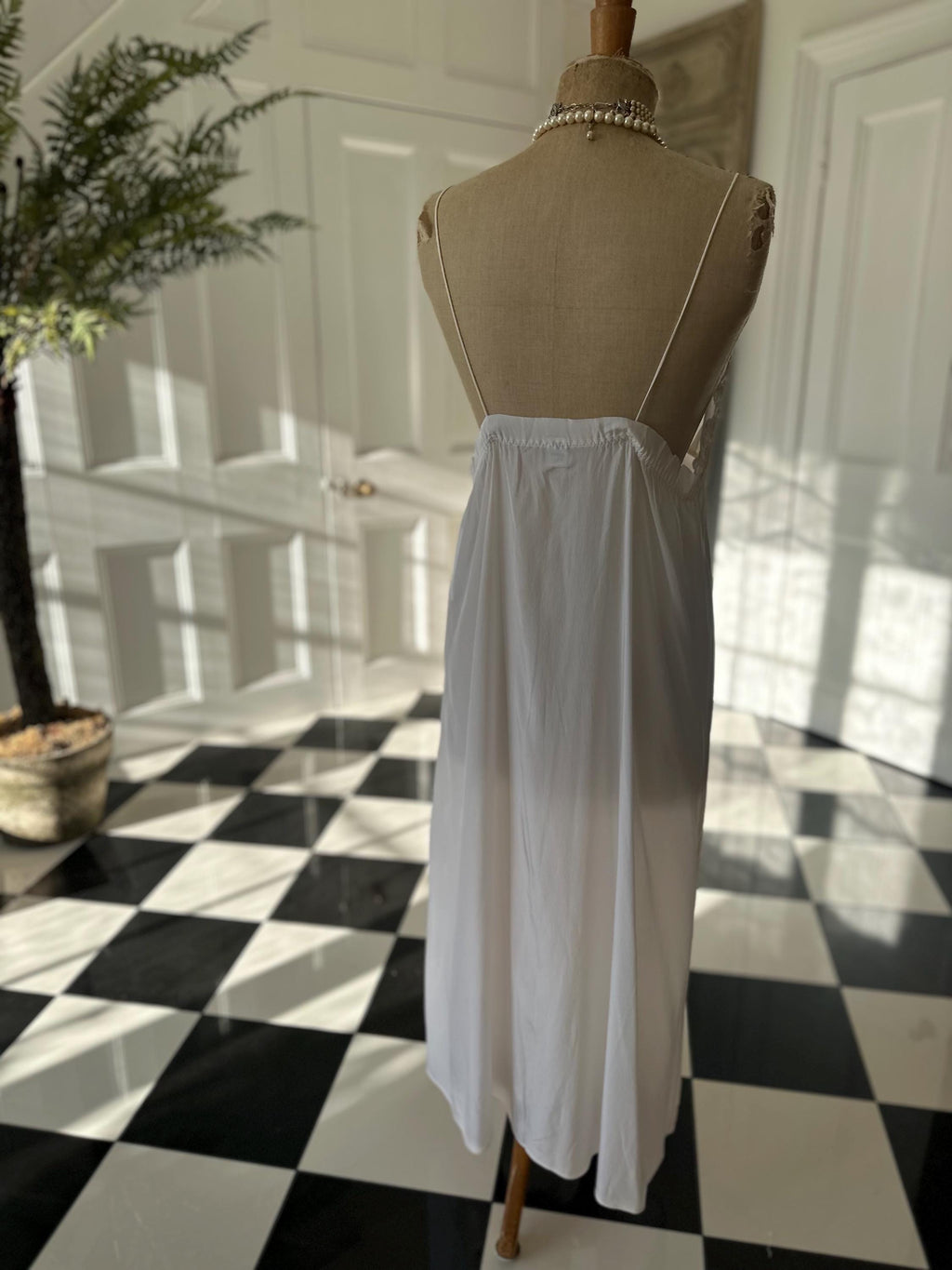 Vintage 1970s  White Silky Slip Gown | Deep V Floral Lace Inset Bridal Nightgown