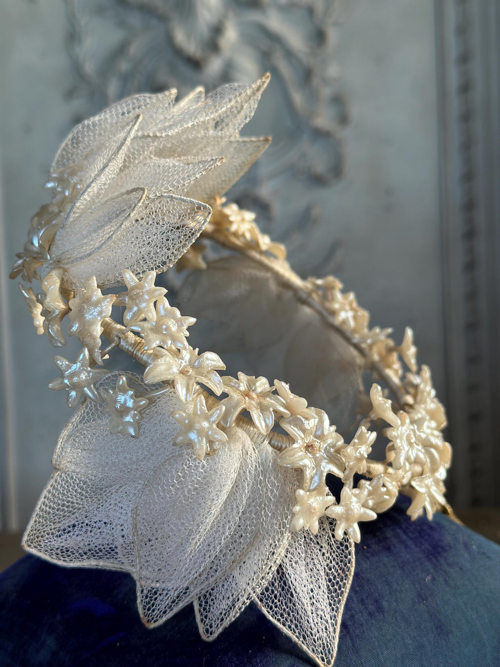 Antique 1940s  Floral Wax Tiara with tulle