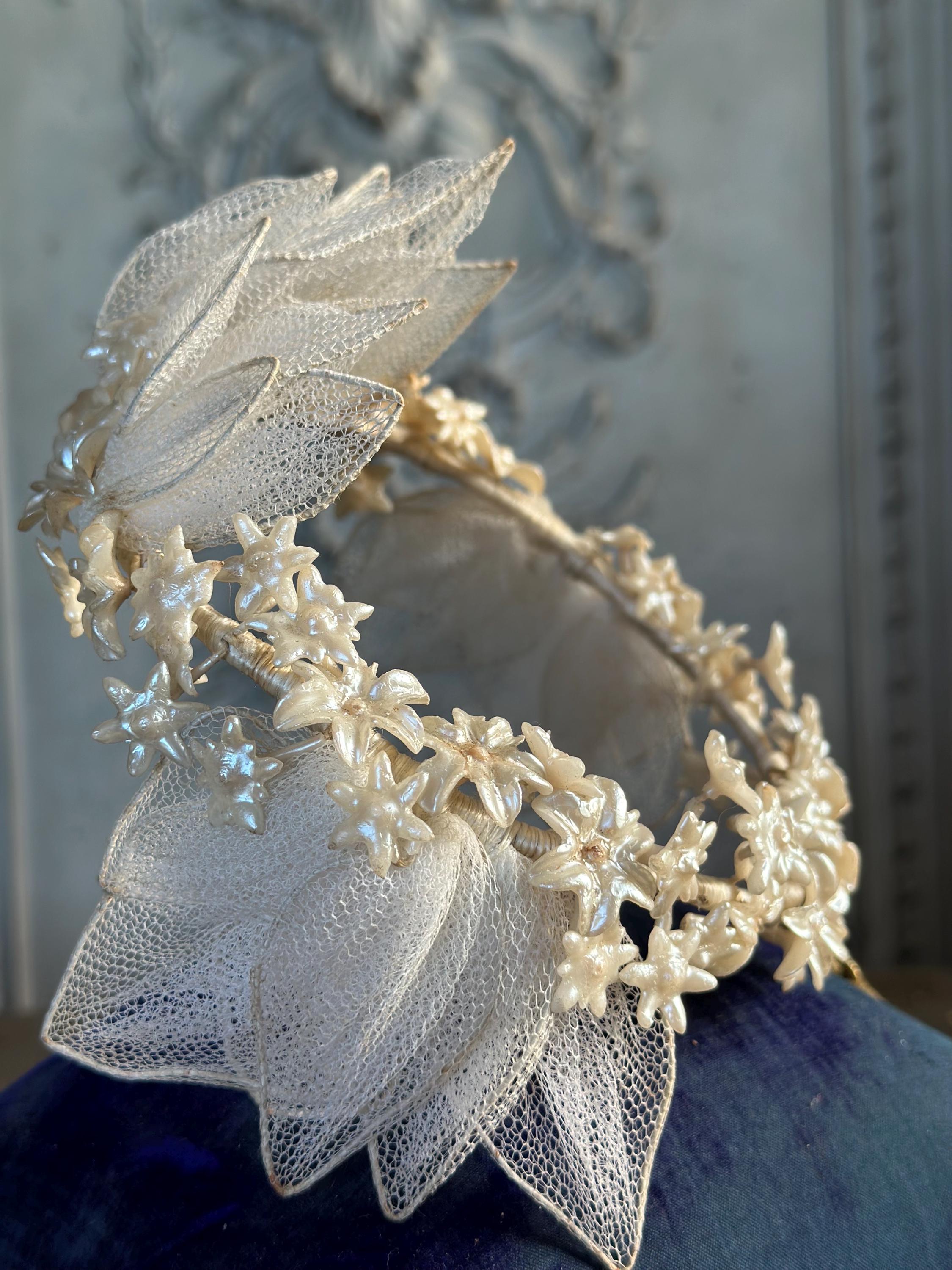 Antique 1940s  Floral Wax Tiara with tulle