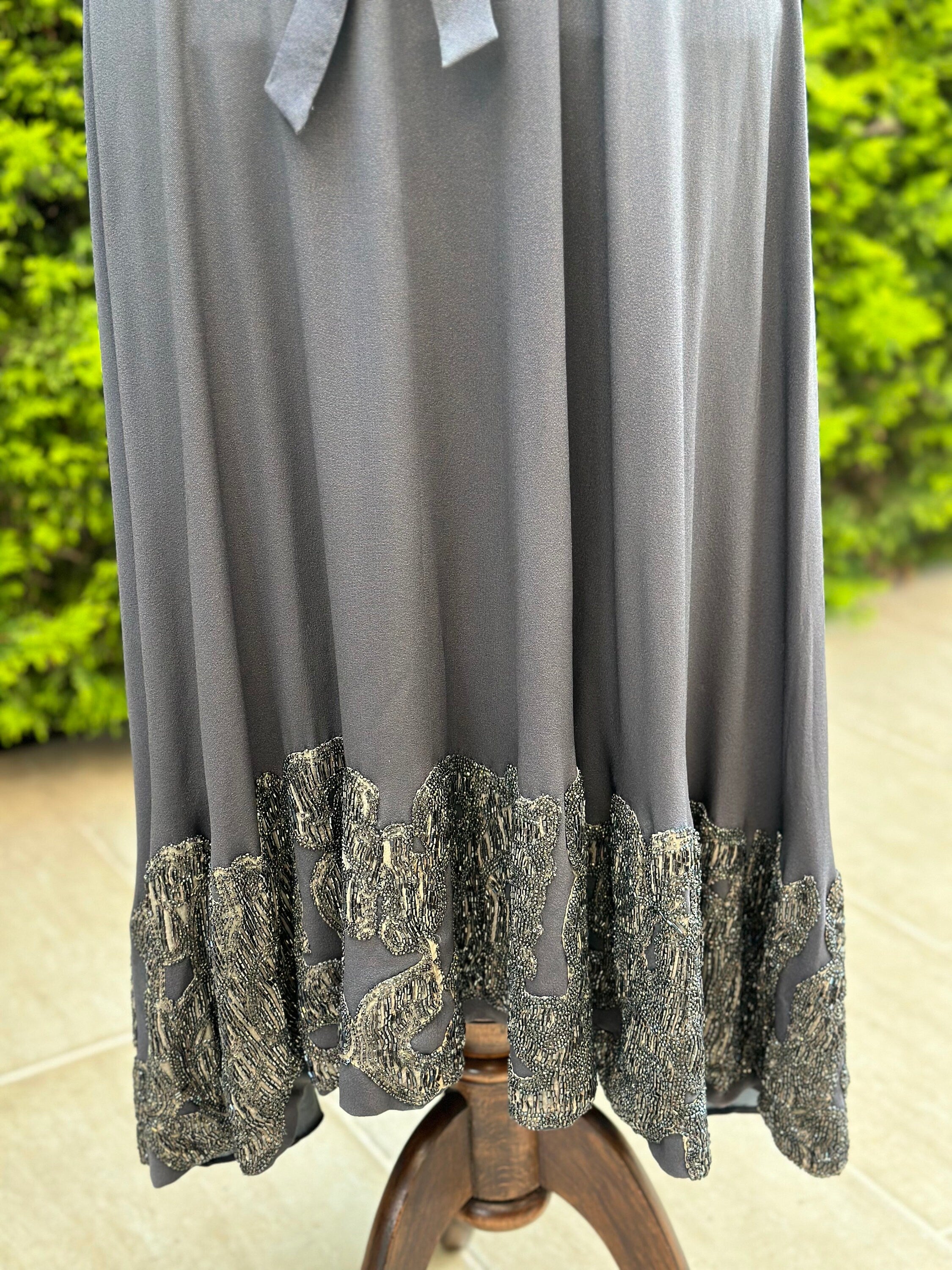 1940s Silk grey beaded cocktail dress party dress