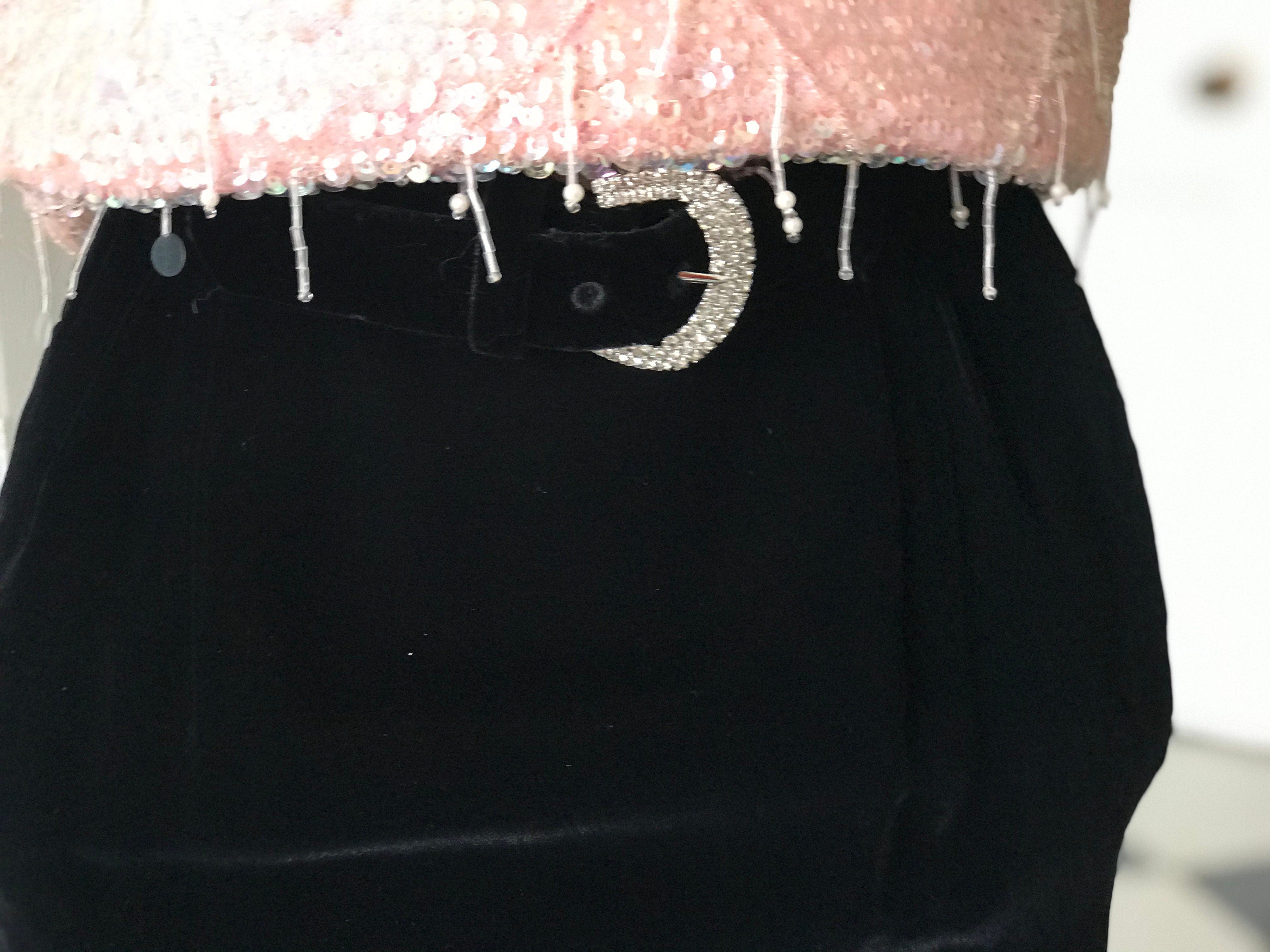 1960s Designer black velvet with crystal belt   Elizabeth Arden Andre Laug for Audrey