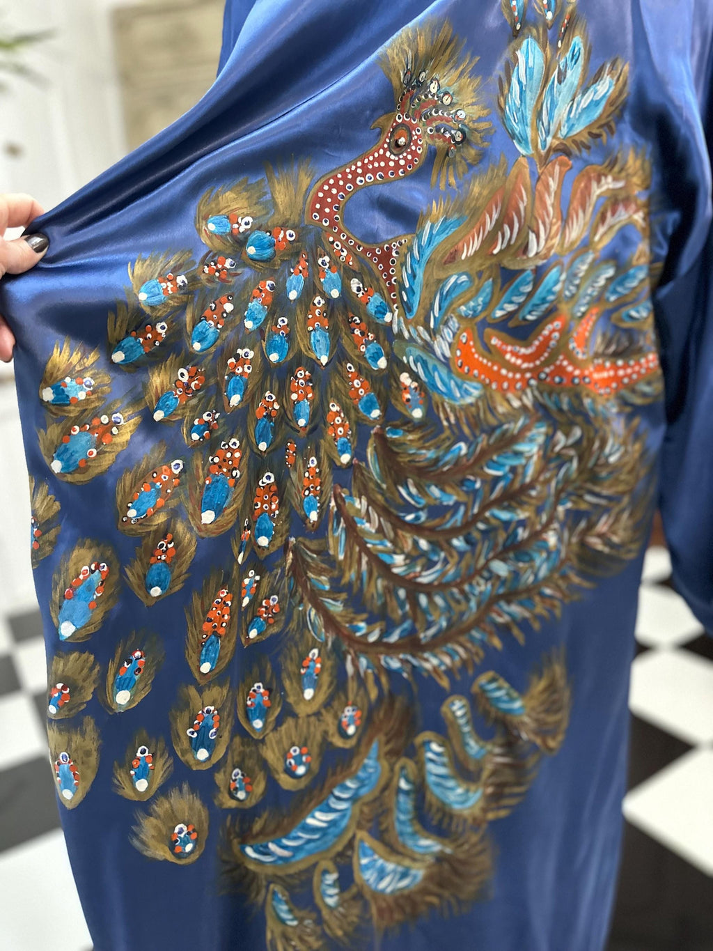 1970 Blue satin hand painted peacock design