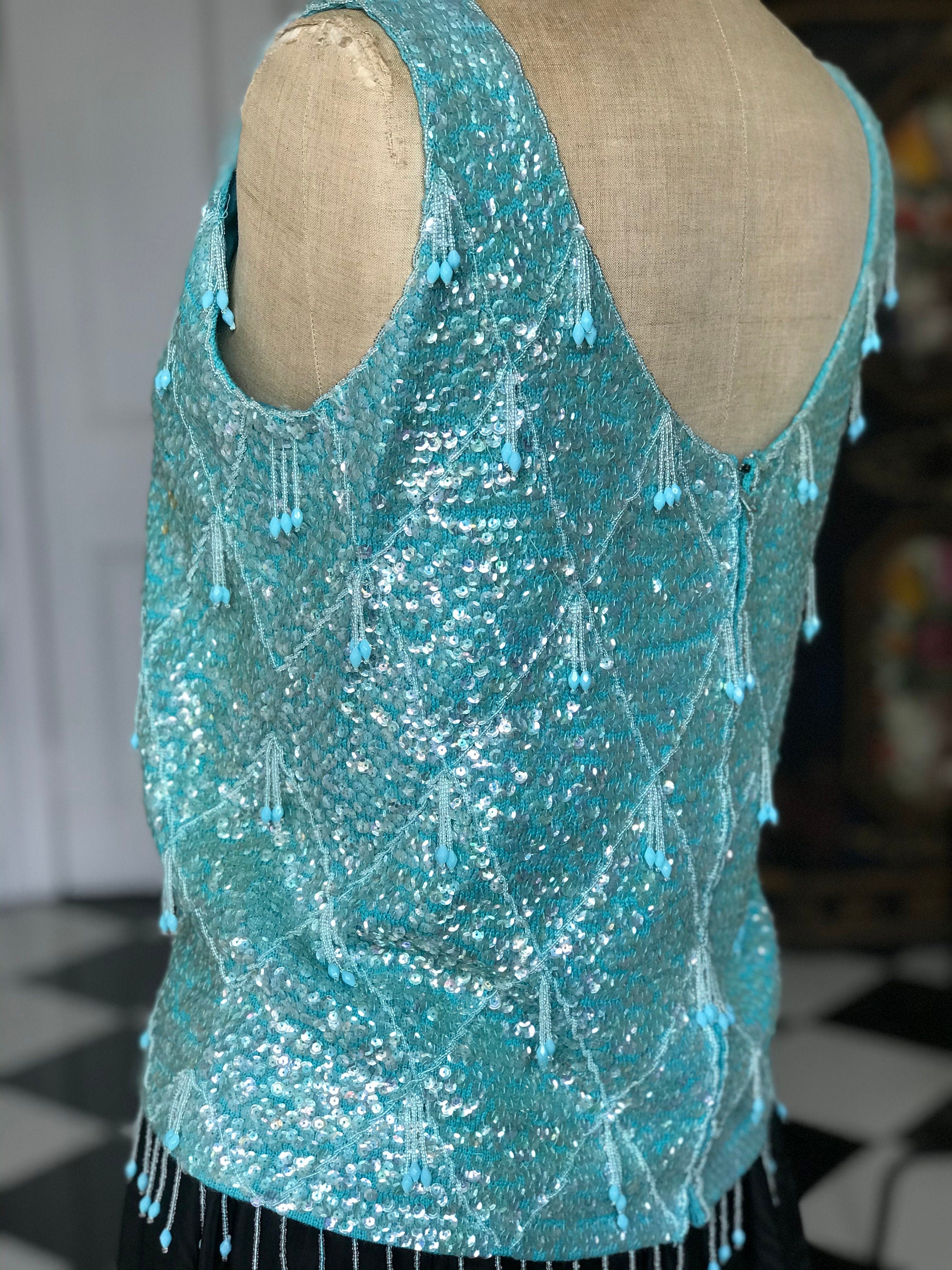 Vintage 1960s Turquoise beaded embellished wool top jumper blouse