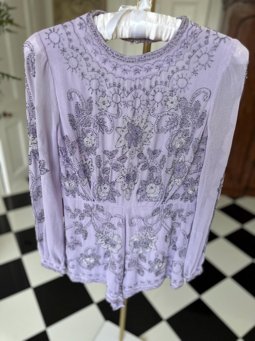 Vintage chiffon Lavender Beaded Floral Romper with Open Back and Long Sleeves