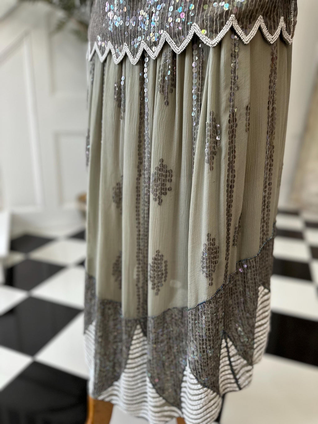 Vintage sage green and white sequin top and skirt