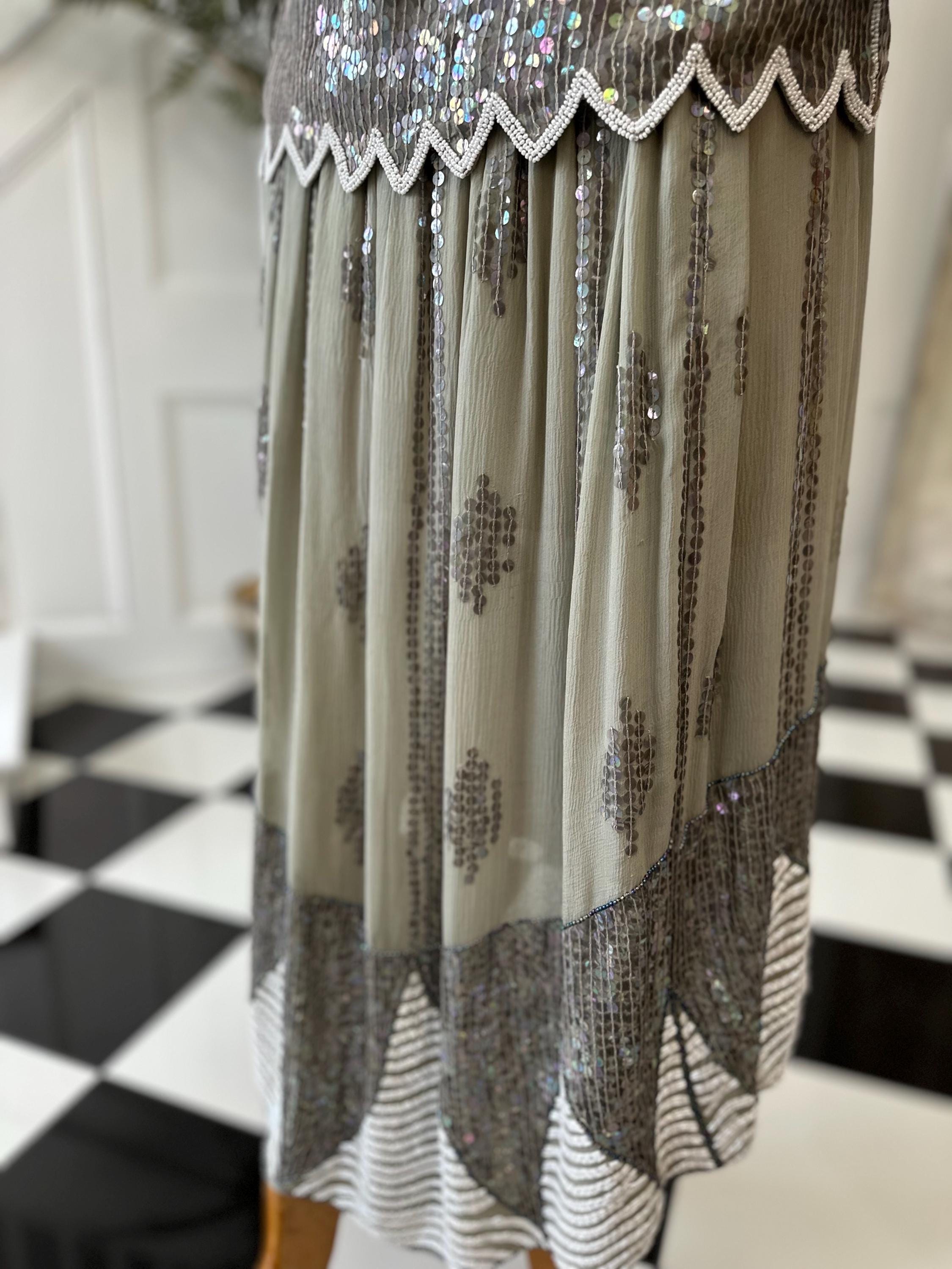 Vintage sage green and white sequin top and skirt