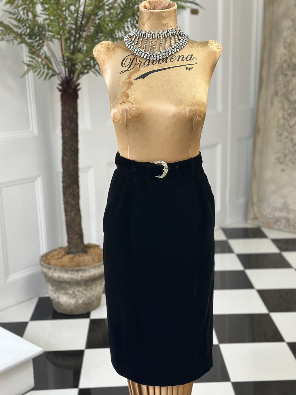 1960s Designer black velvet with crystal belt   Elizabeth Arden Andre Laug for Audrey
