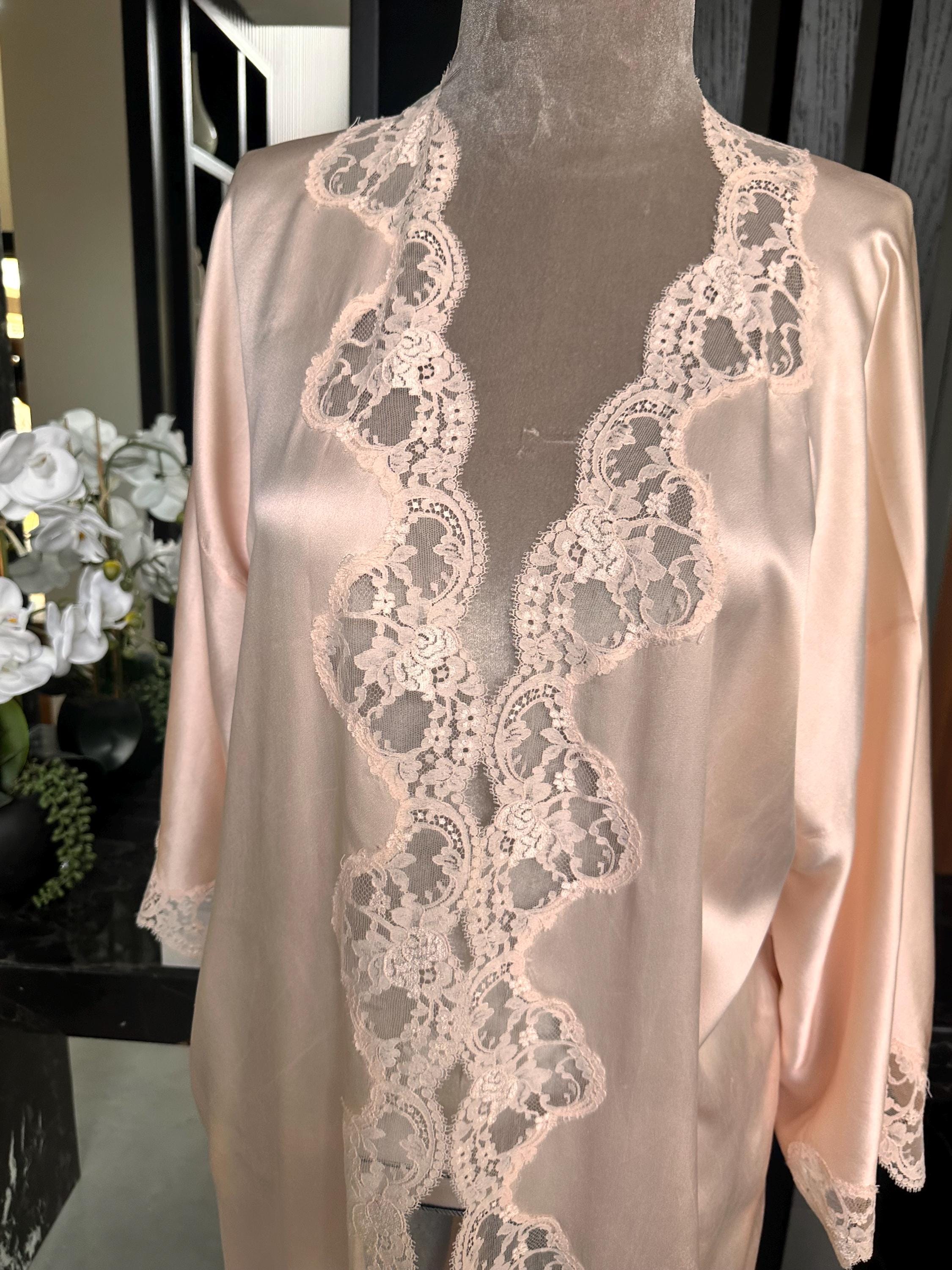 Pure Silk Lace Robe – Champagne Bridal Kimono, Embroidered Nightwear