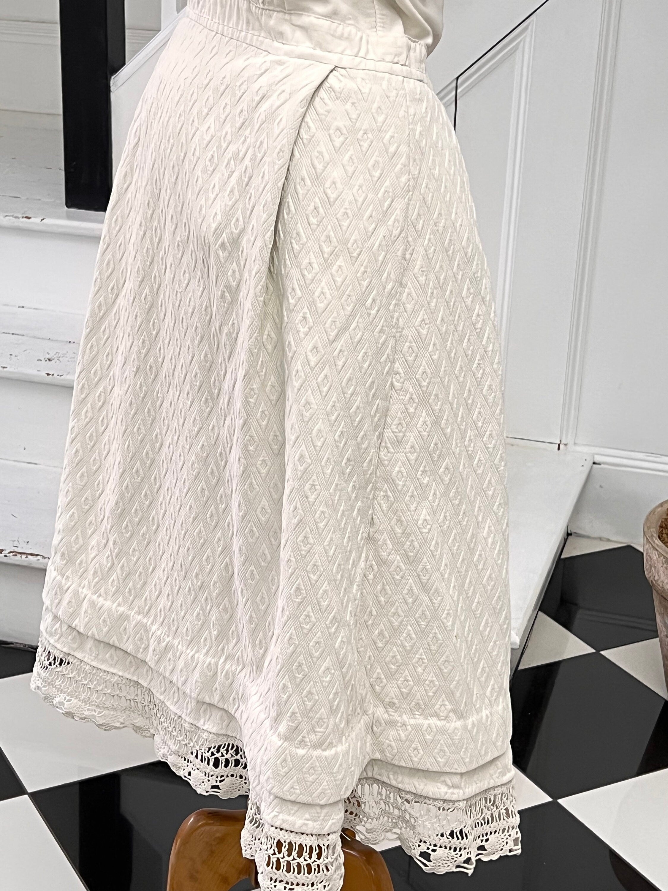 Antique 1800s underdress garment with crochet and quilted skirt monogram AE