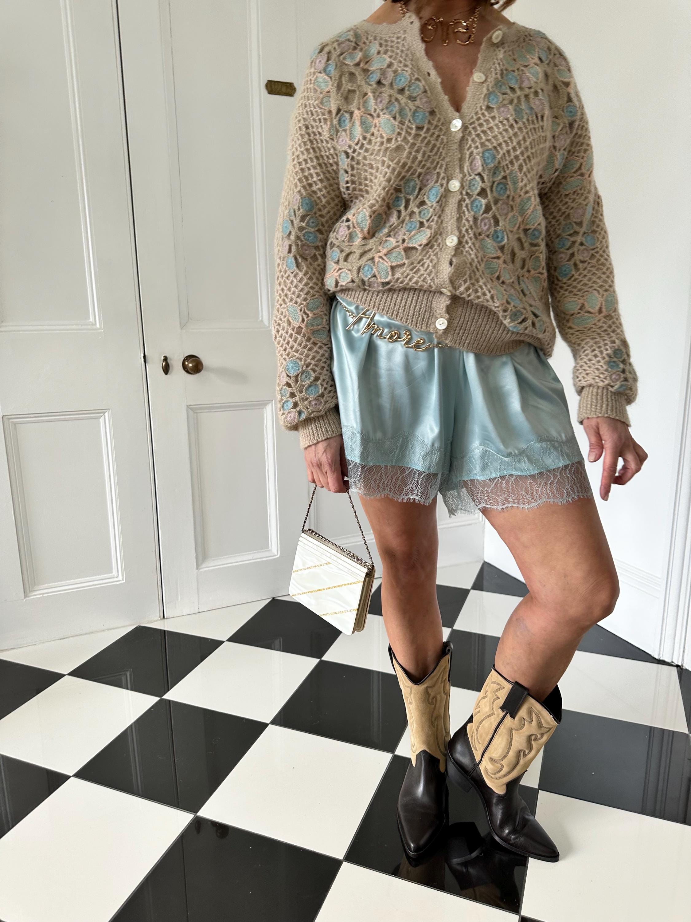 Vintage style duck egg blue French lace and satin tap pants shorts