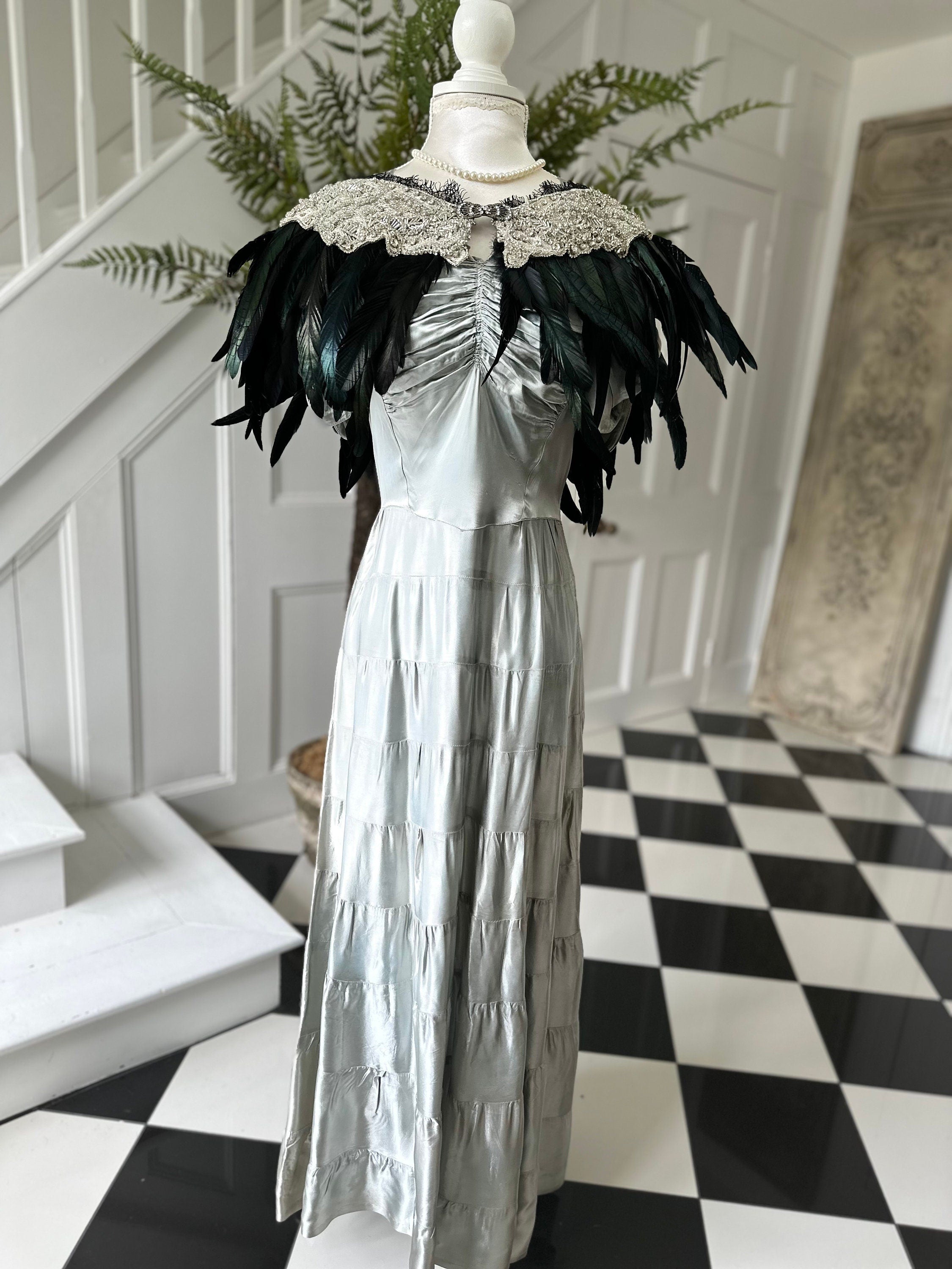 1920s 1930s vintage style feather cape with embellished and dark green cape shawl