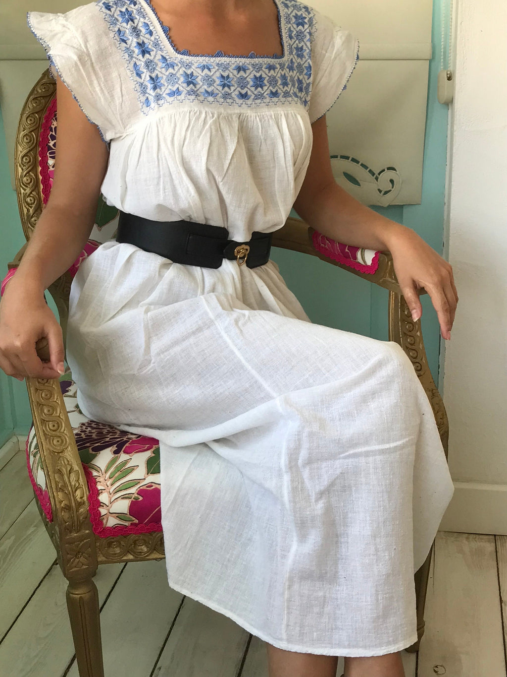 1970s hand loomed muslin dress with hand embroidered smock style