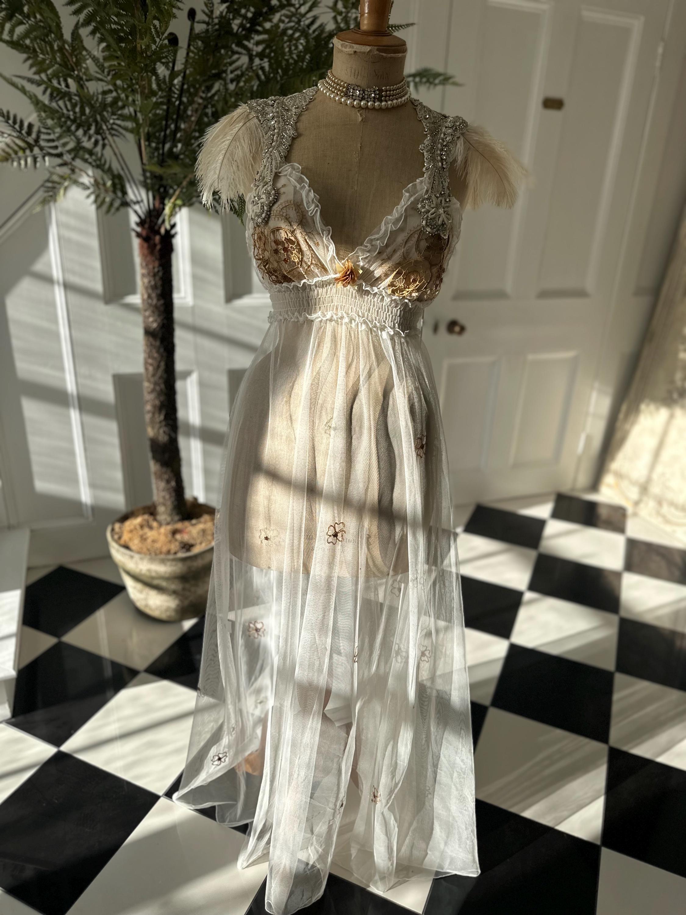 Vintage Ethereal Sheer Tulle Gown | Embroidered Gold Floral Bodice | Fairycore Maxi Slip