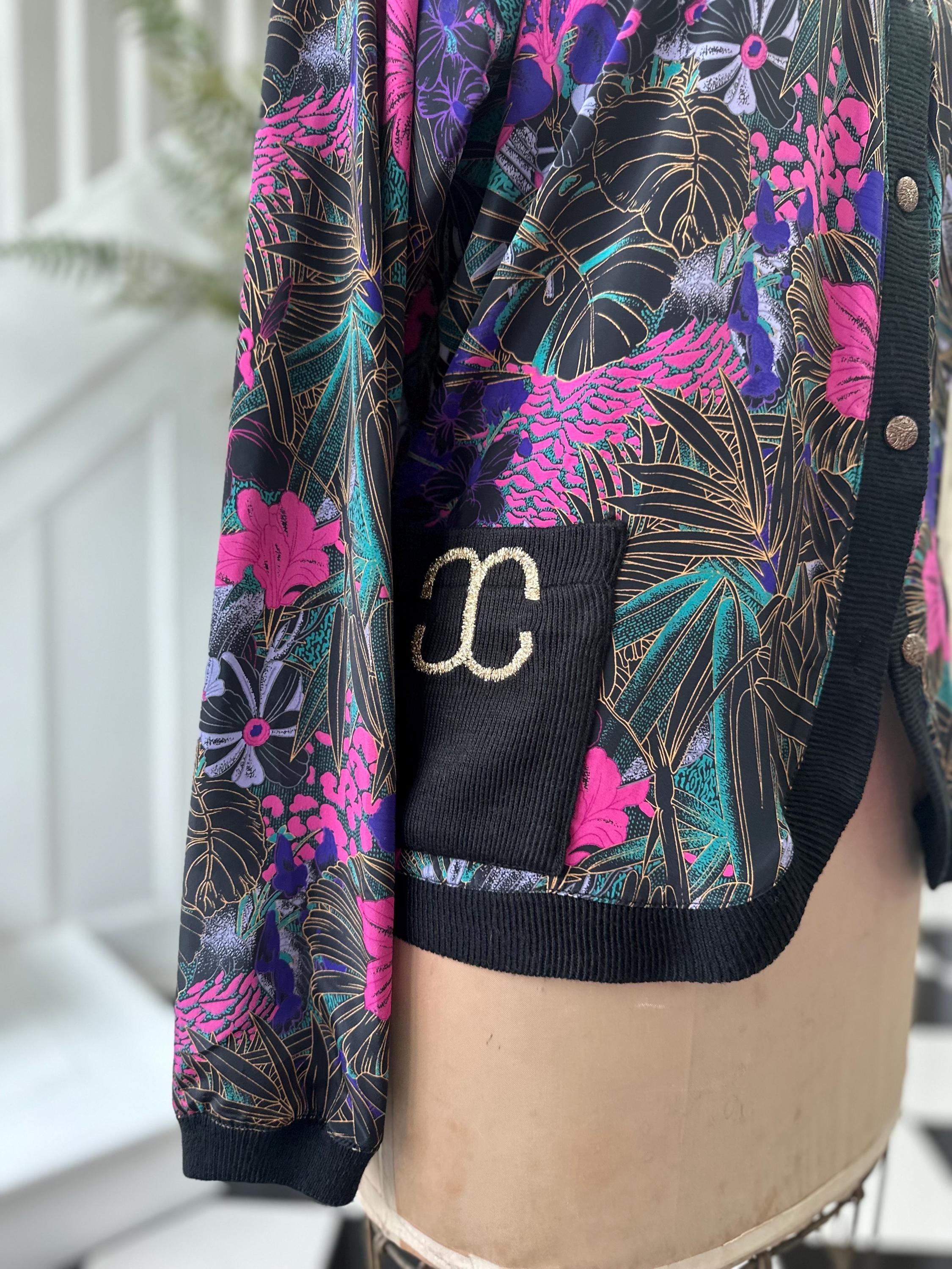 1980s Black Blouse Cardigan with Tropical Pattern