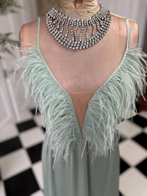 1930s style sage green  ostrich feather satin gown