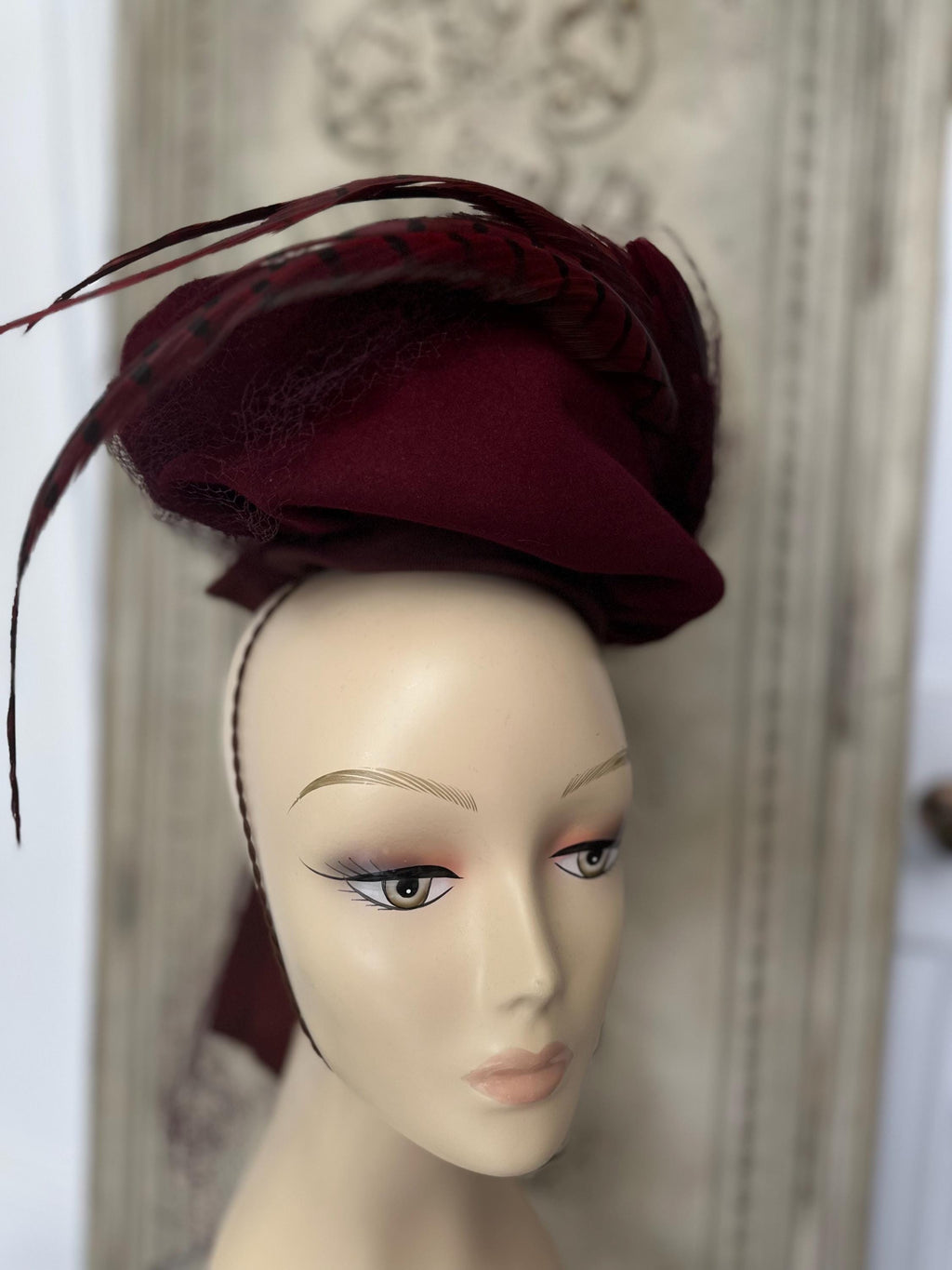 1950s Dark Red Felt Wool Hat with Feathers