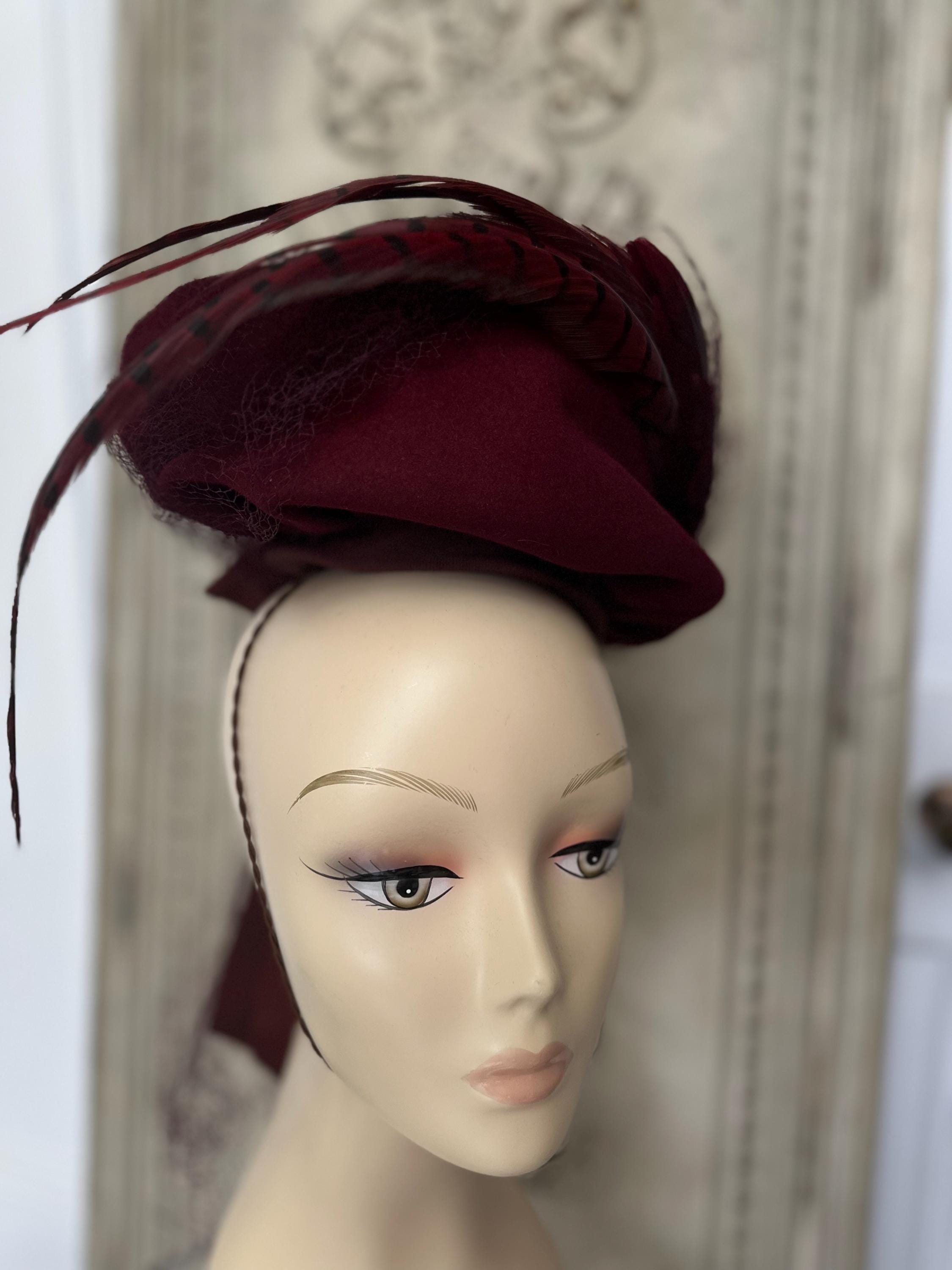 1950s Dark Red Felt Wool Hat with Feathers